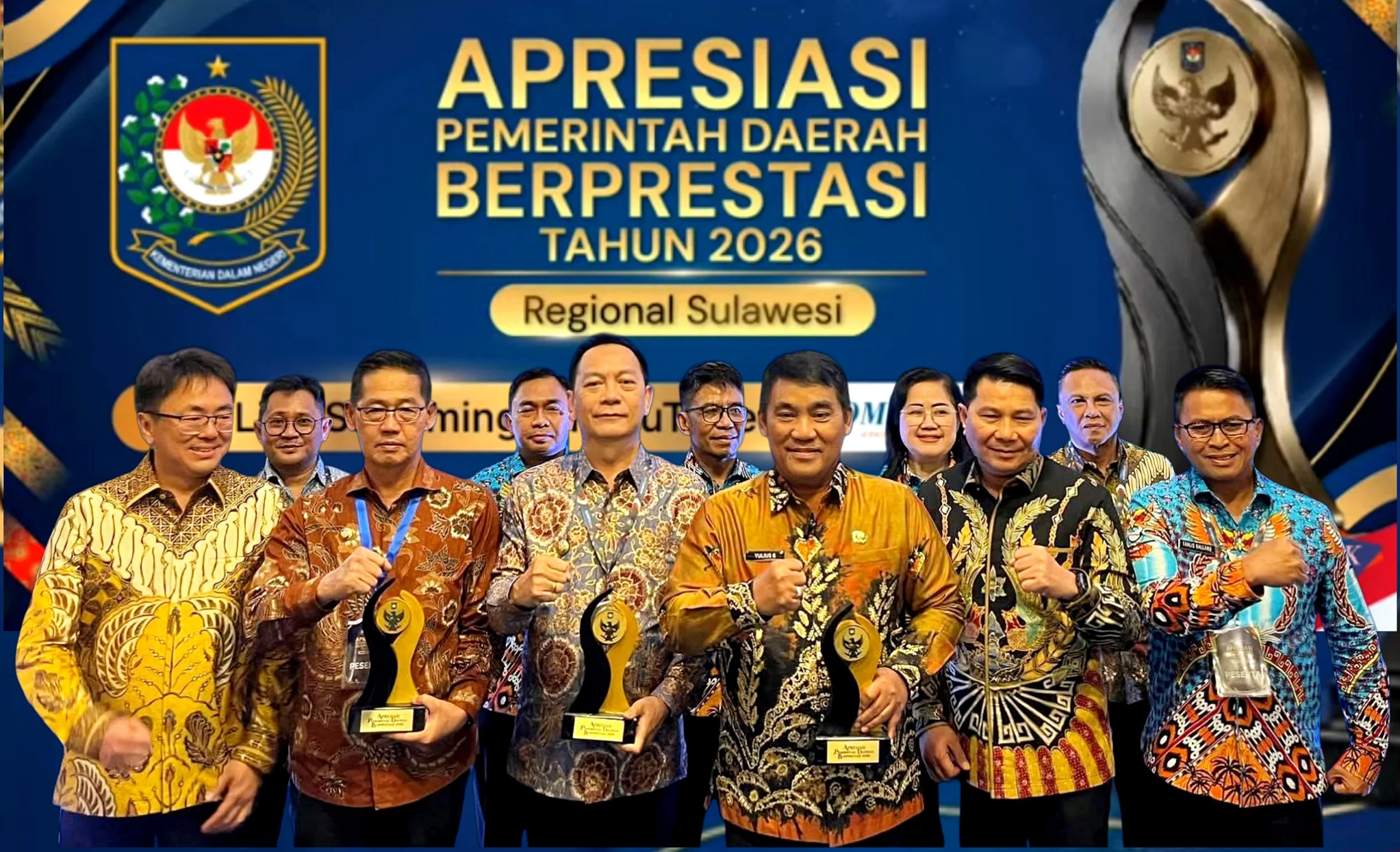 DOMINASI SULUT: Gubernur Yulius Selvanus bersama para kepala daerah kabupaten/kota asal Sulawesi Utara usai memborong penghargaan dalam ajang Apresiasi Pemerintah Daerah Berprestasi 2026 di Kendari, Jumat (29/5/2026). (Foto: Istimewa/SUDARA.ID)