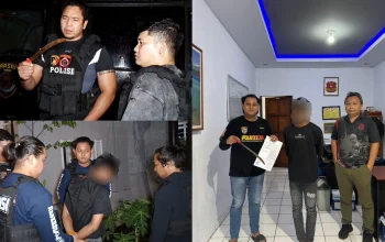 Tersangka F (18) bersama sebilah senjata tajam jenis pisau badik saat diamankan di Mako Polres Bitung usai terjaring patroli Team Tarsius di Kelurahan Pateten Dua, Minggu (31/5/2026) dini hari. (Foto: Dok. Humas Polres Bitung)