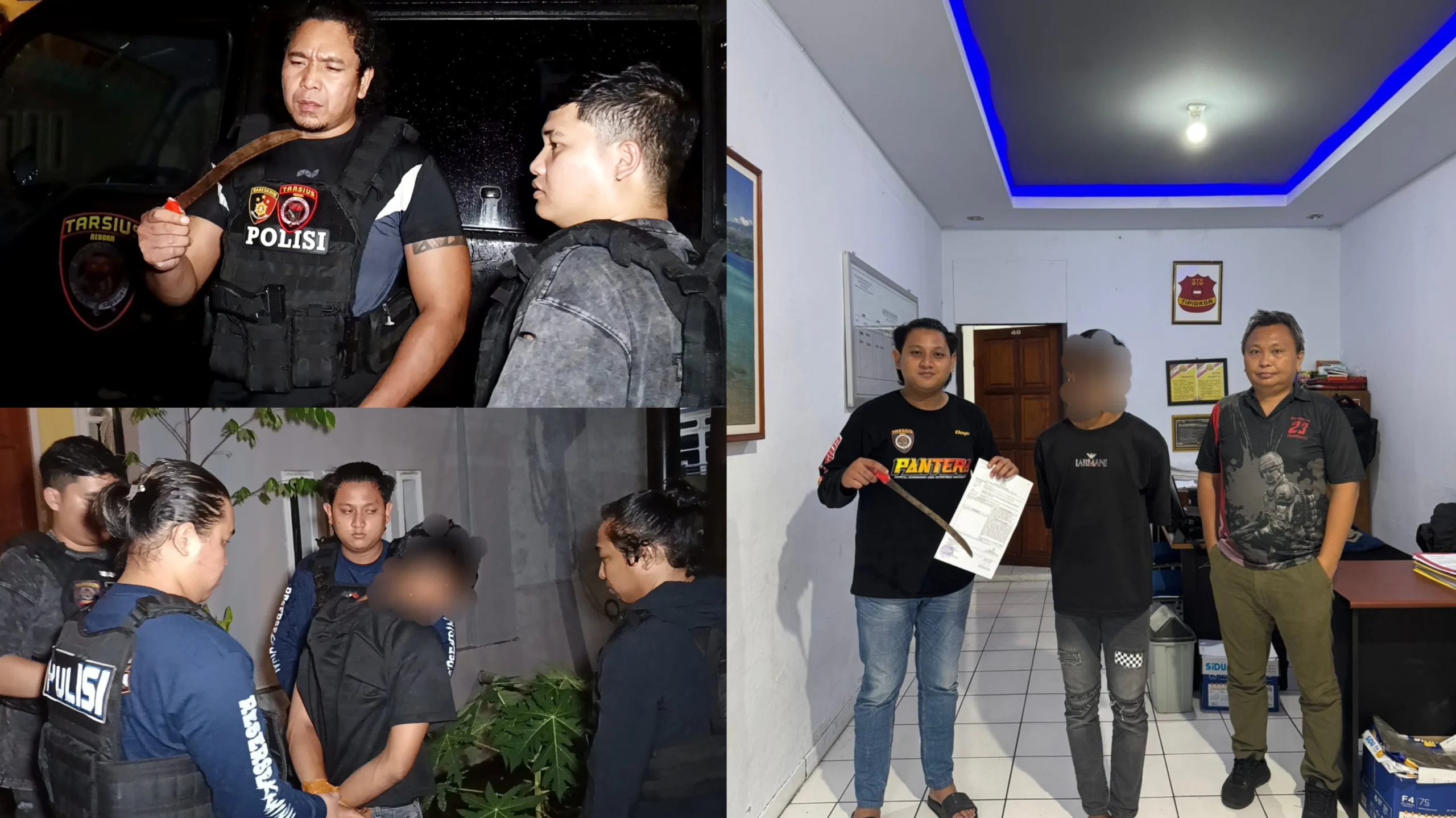 Tersangka F (18) bersama sebilah senjata tajam jenis pisau badik saat diamankan di Mako Polres Bitung usai terjaring patroli Team Tarsius di Kelurahan Pateten Dua, Minggu (31/5/2026) dini hari. (Foto: Dok. Humas Polres Bitung)