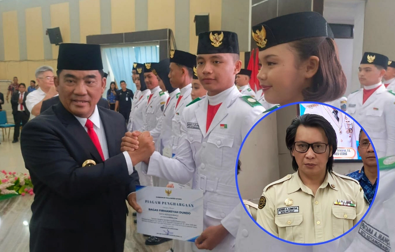 Momen Gubernur Sulut Yulius Selvanus turun langsung menyerahkan penghargaan untuk purna Paskibraka di Aula Mapalus, Senin (1/6/2026). Langkah ini mendapat pujian tinggi dari Ketua PPI Sulut Hendro Kawatak (insert). (Foto: SUDARA.ID)