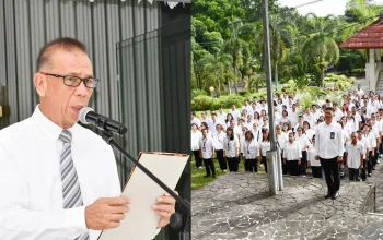 Wakil Rektor Bidang Akademik Unsrat, Prof. Ir. Arthur Pinaria, M.P., saat membacakan amanat BPIP dalam Upacara Hari Lahir Pancasila 2026 di kampus Unsrat, Manado, Senin (1/6). (Foto: Dok. Unsrat)