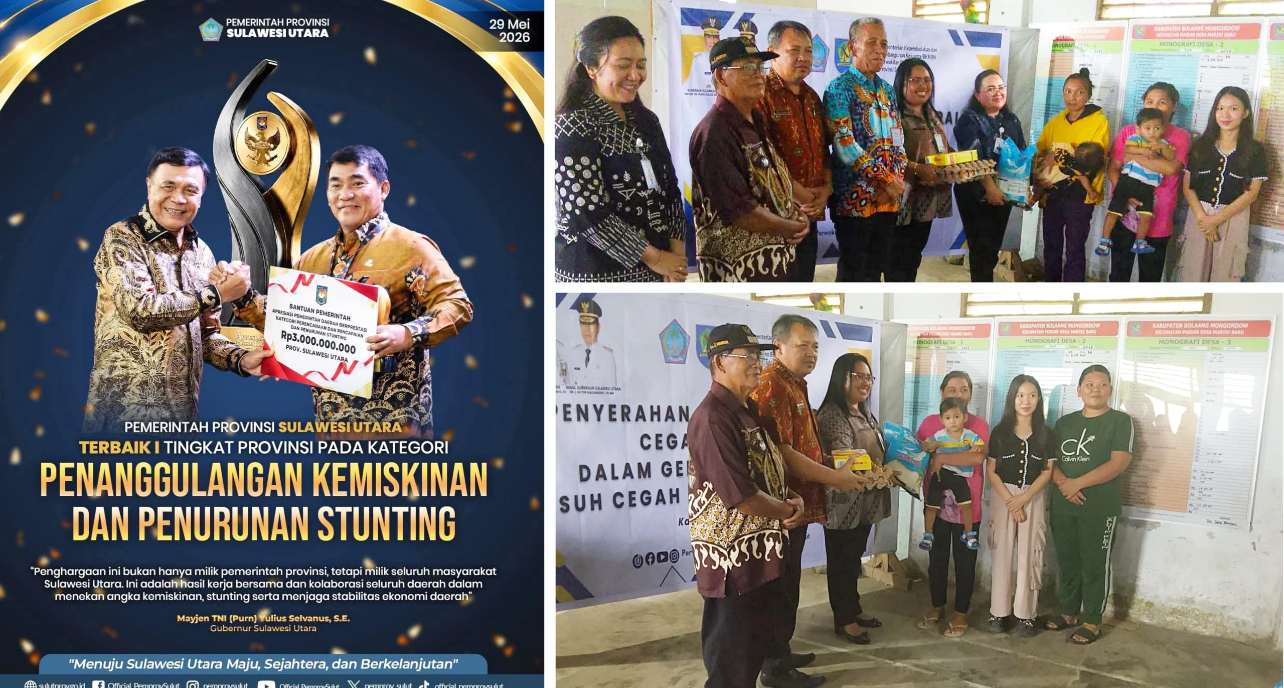 AKSI NYATA GUBERNUR: Jajaran Pemprov Sulut menyerahkan bantuan nutrisi program 'Genting' instruksi Gubernur Yulius Selvanus kepada keluarga risiko stunting di Desa Mariri Raya, Poigar, Bolmong, Kamis (4/6/2026). (Foto: Istimewa/Dok.SUDARA.ID)