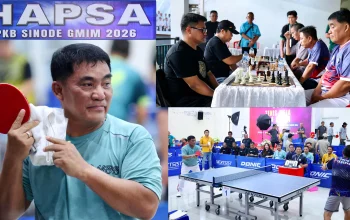 Gubernur Sulawesi Utara Yulius Selvanus menunjukkan sportivitasnya dengan berpartisipasi langsung dalam dua perlombaan di Hapsa PKB GMIM 2026. Di kiri, ia tampak serius dalam lomba catur, dan di kanan, ia bersemangat dalam turnamen tenis meja. (Foto: Istimewa/ SUDARA.ID)