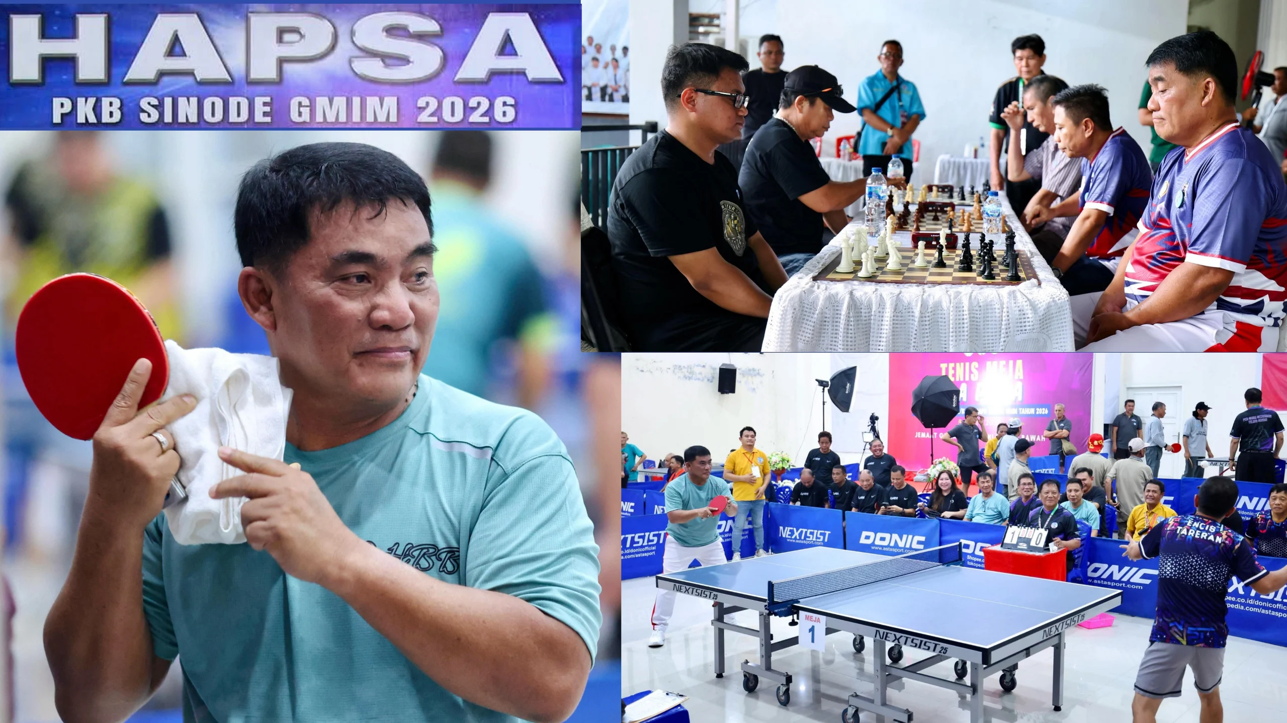 Gubernur Sulawesi Utara Yulius Selvanus menunjukkan sportivitasnya dengan berpartisipasi langsung dalam dua perlombaan di Hapsa PKB GMIM 2026. Di kiri, ia tampak serius dalam lomba catur, dan di kanan, ia bersemangat dalam turnamen tenis meja. (Foto: Istimewa/ SUDARA.ID)