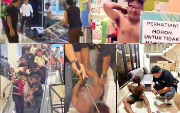 Pria berinisial MS (32) yang diduga mengalami gangguan kejiwaan mengamuk menggunakan senjata tajam di area pusat perbelanjaan Manado Town Square (Mantos), berhasil di amankan pihak Kepolisian bersama petugas keamanan mal, Senin (15/6/2026). (Foto: Istimewa)