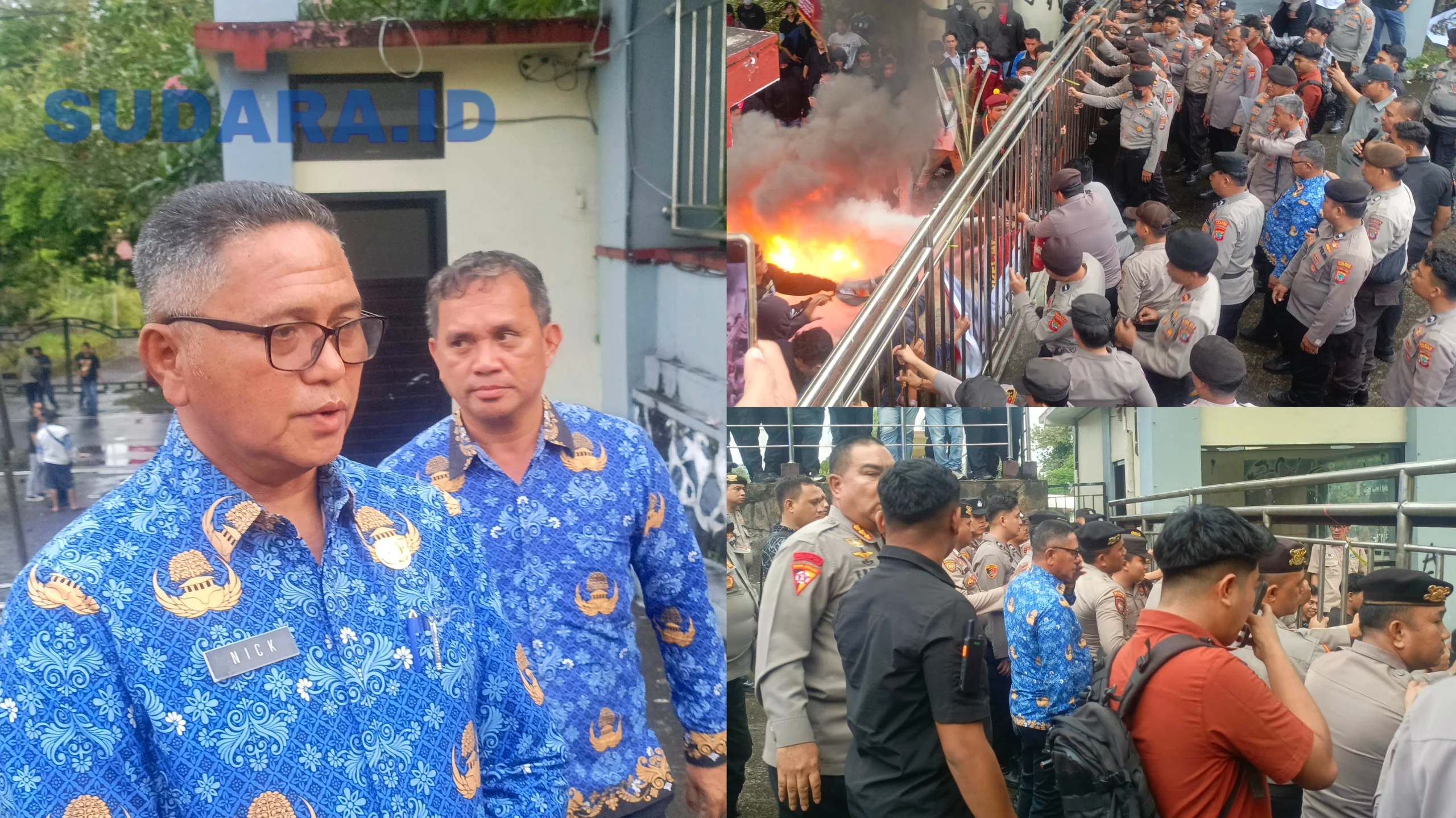 Berdiri di bagian garis terdepan, Plt Sekwan DPRD Sulut Niklas Silangen melakukan upaya maksimal untuk meredam tensi dan memfasilitasi ruang dialog bersama massa aksi mahasiswa sebelum situasi berakhir ricuh. Profesionalitas di tengah situasi kritis. (Foto: Ridho L Tobing)