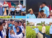 MOMEN PENAS XVII: Kolase foto saat Gubernur Sulut Yulius Selvanus memberi hormat saat disapa Presiden Prabowo Subianto; Gubernur Yulius Selvanus saat berswafoto bersama para petani di arena PENAS XVII Gorontalo dan momen saat Presiden Prabowo Subianto bersama Mentan Amran Sulaiman saat meninjau sawah modern PM-AAS di Gorontalo, Rabu (24/6/2026). (Foto: Istimewa)