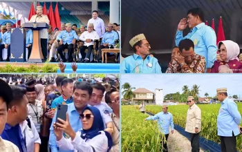 MOMEN PENAS XVII: Kolase foto saat Gubernur Sulut Yulius Selvanus memberi hormat saat disapa Presiden Prabowo Subianto; Gubernur Yulius Selvanus saat berswafoto bersama para petani di arena PENAS XVII Gorontalo dan momen saat Presiden Prabowo Subianto bersama Mentan Amran Sulaiman saat meninjau sawah modern PM-AAS di Gorontalo, Rabu (24/6/2026). (Foto: Istimewa)