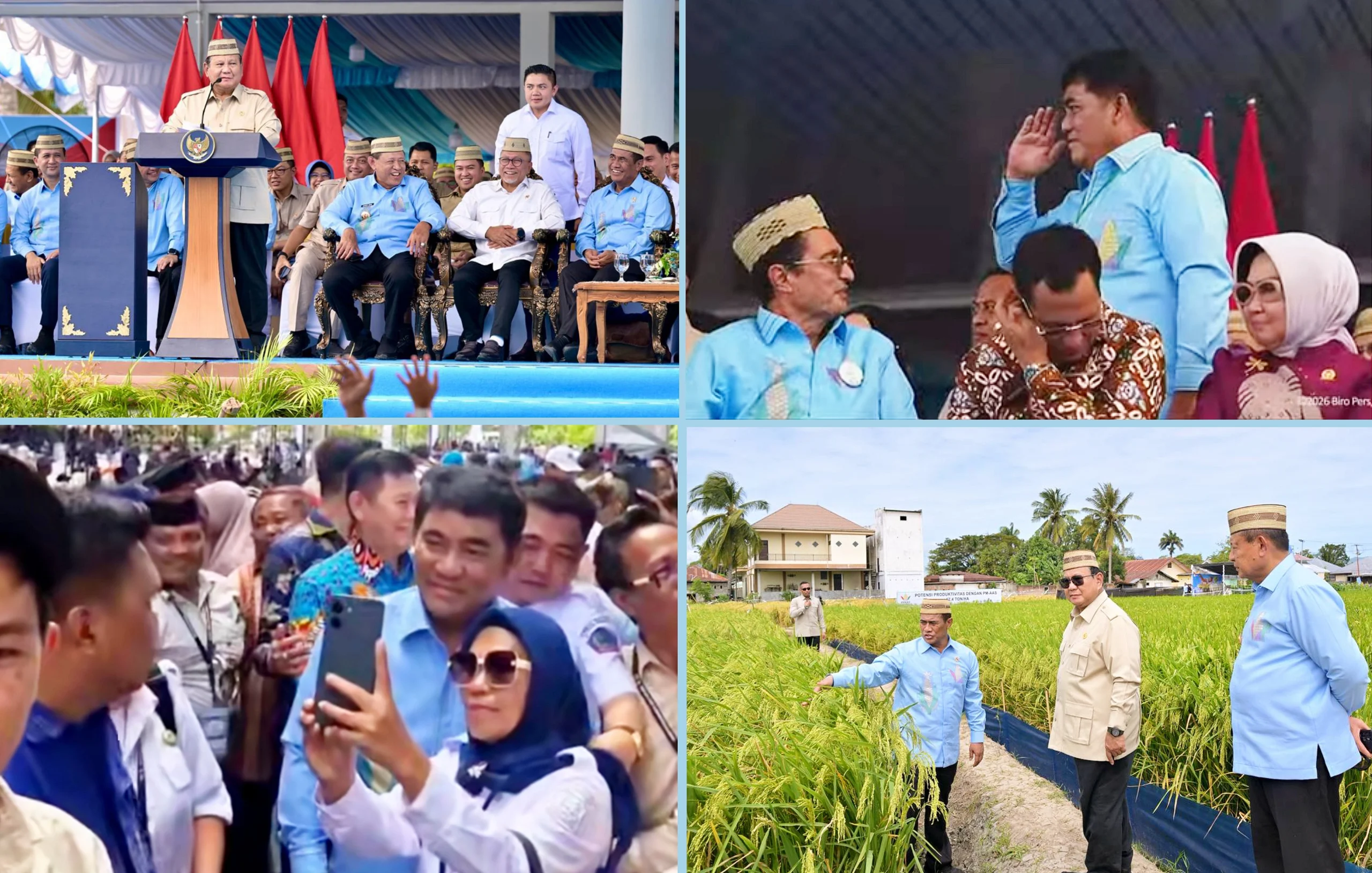 MOMEN PENAS XVII: Kolase foto saat Gubernur Sulut Yulius Selvanus memberi hormat saat disapa Presiden Prabowo Subianto; Gubernur Yulius Selvanus saat berswafoto bersama para petani di arena PENAS XVII Gorontalo dan momen saat Presiden Prabowo Subianto bersama Mentan Amran Sulaiman saat meninjau sawah modern PM-AAS di Gorontalo, Rabu (24/6/2026). (Foto: Istimewa)