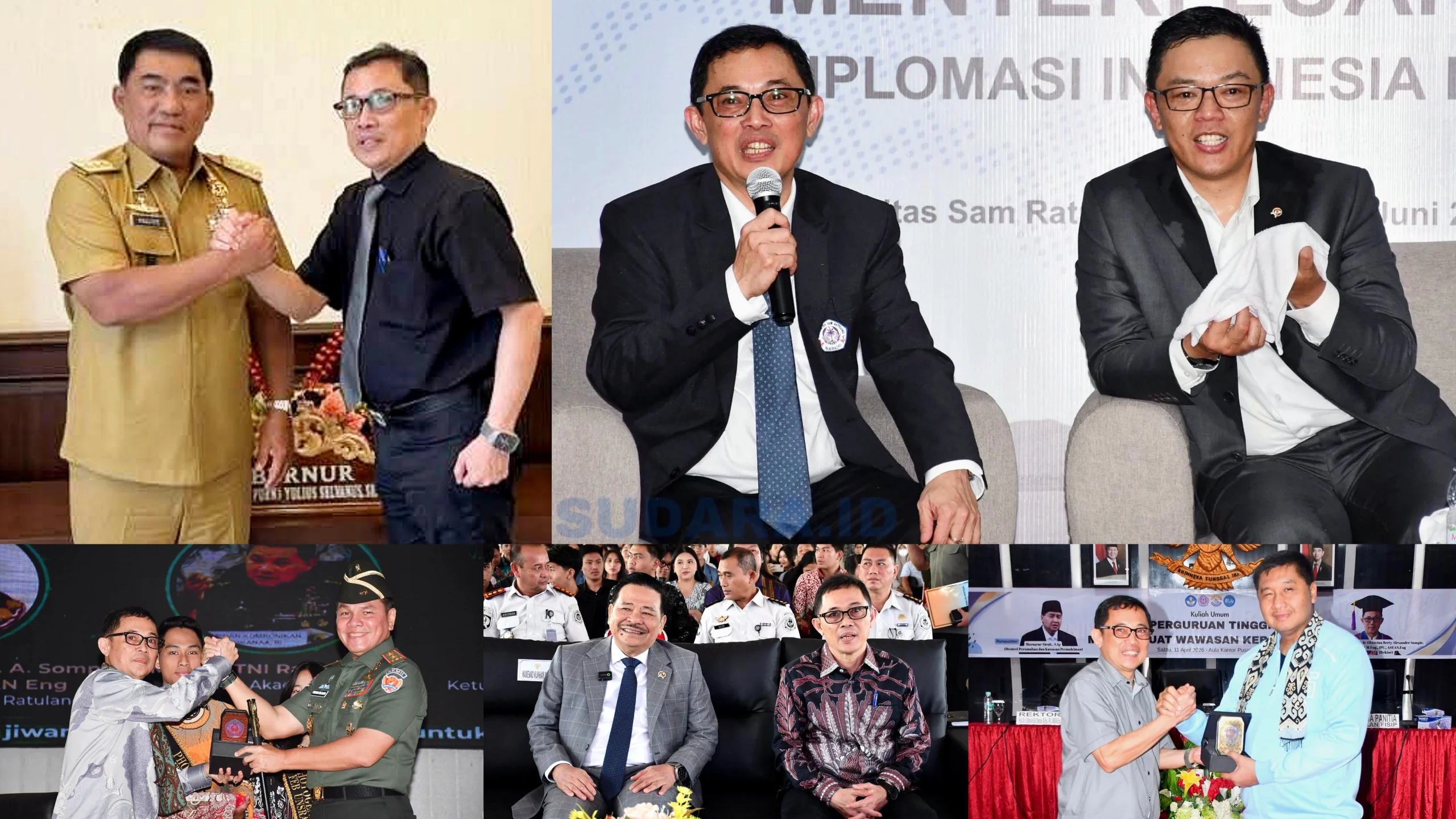 Membanggakan! Kolase momentum saat Universitas Sam Ratulangi (Unsrat) sukses menjadi magnet pejabat pusat. Rektor Prof. Berty Sompie mengungkap peran strategis Gubernur Sulut Yulius Selvanus di balik lompatan reputasi nasional kampus Sitou Timou Tumou Tou. (Foto: Dok. Unsrat/SUDARA.ID)