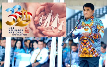 SOROTI PERAN AYAH: Gubernur Sulut Yulius Selvanus membacakan amanat menteri terkait fenomena ayah 'absen' asuh anak pada upacara Hari Keluarga Nasional (Harganas) 2026 di Manado, Senin (29/6). (Foto: Humas Pemprov Sulut/Dok. SUDARA.ID)