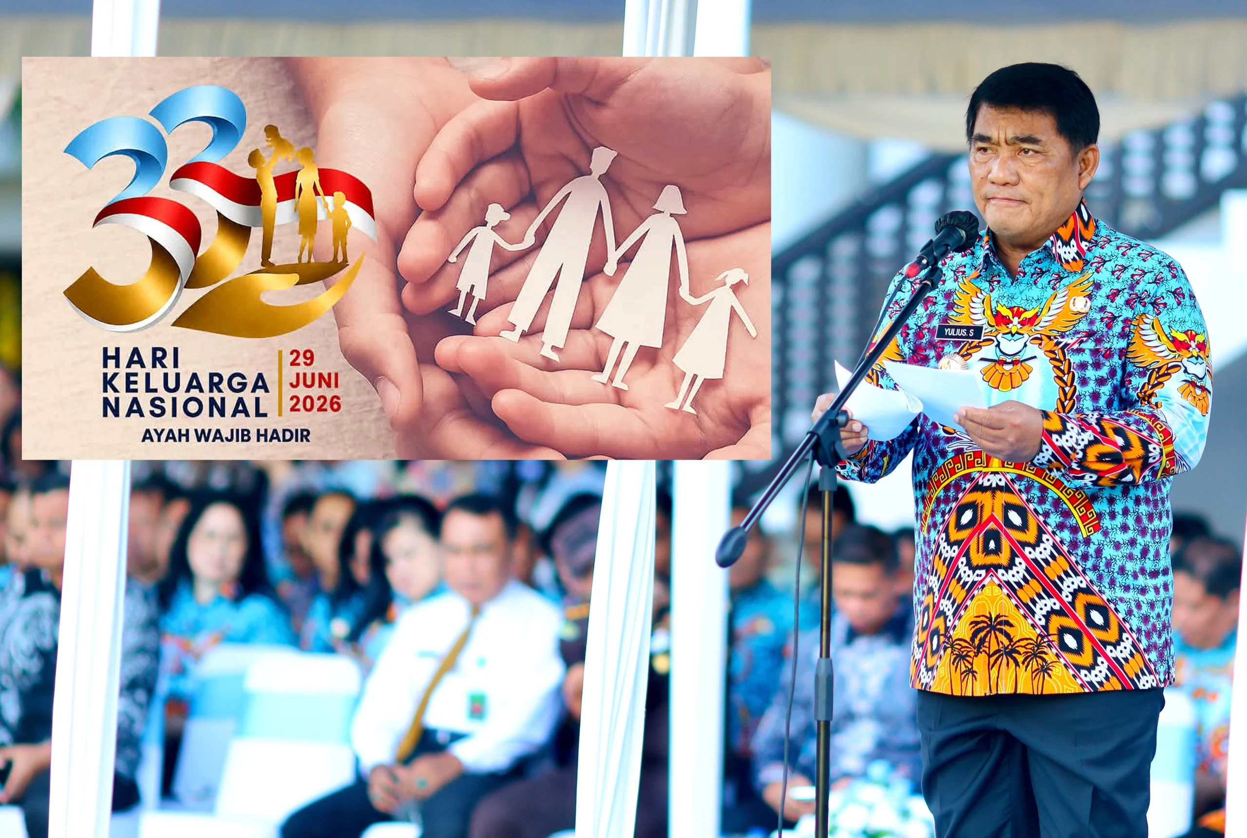 SOROTI PERAN AYAH: Gubernur Sulut Yulius Selvanus membacakan amanat menteri terkait fenomena ayah 'absen' asuh anak pada upacara Hari Keluarga Nasional (Harganas) 2026 di Manado, Senin (29/6). (Foto: Humas Pemprov Sulut/Dok. SUDARA.ID)