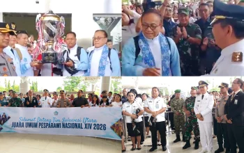JUARA UMUM: Wakil Gubernur Sulut Victor Mailangkay menyambut kepulangan Kontingen Pesparawi Sulut yang sukses membawa pulang Piala Presiden sebagai Juara Umum Pesparawi Nasional XIV di Bandara Sam Ratulangi, Manado, Rabu (1/7/2026). (Foto: Istimewa)