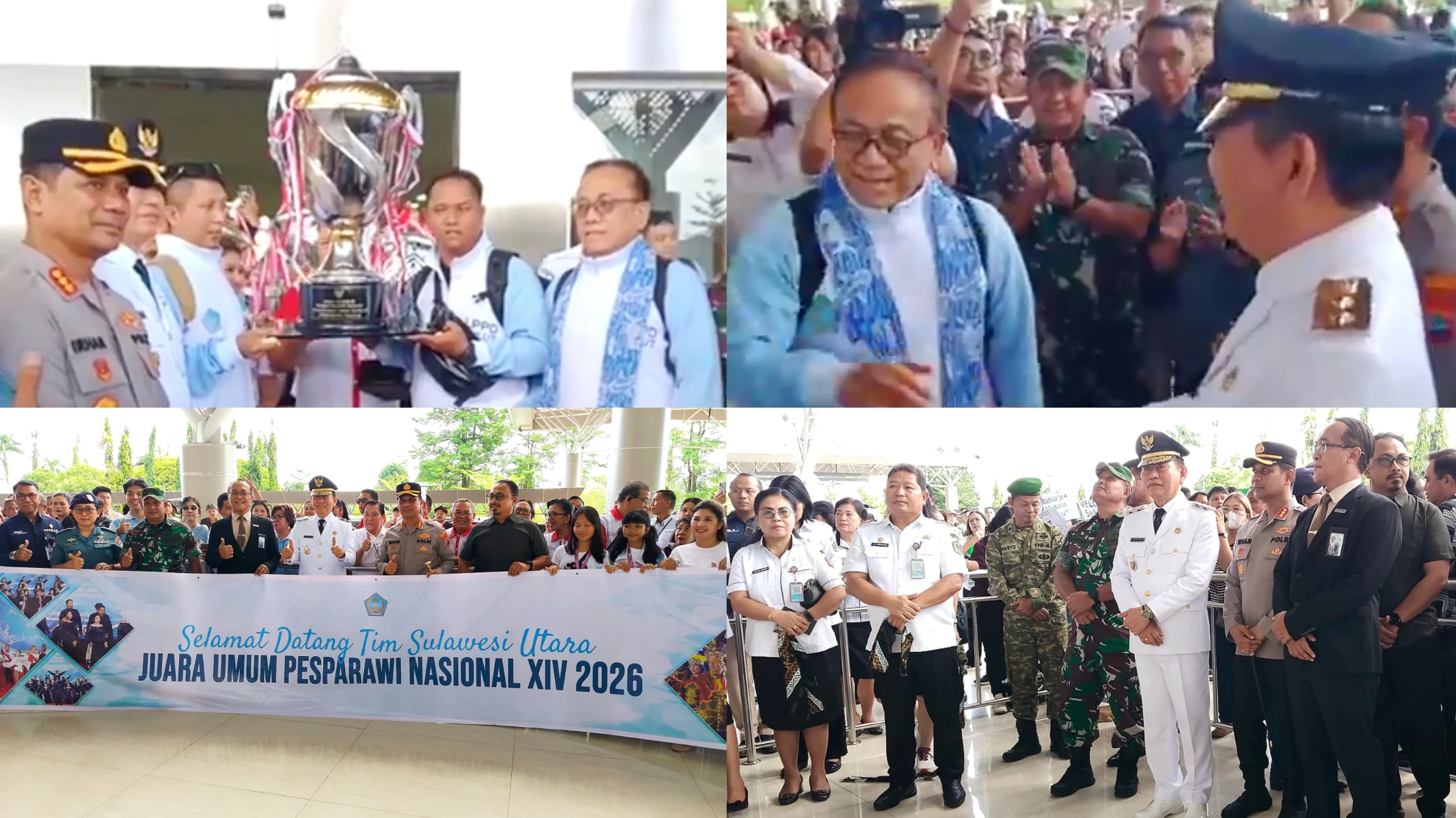 JUARA UMUM: Wakil Gubernur Sulut Victor Mailangkay menyambut kepulangan Kontingen Pesparawi Sulut yang sukses membawa pulang Piala Presiden sebagai Juara Umum Pesparawi Nasional XIV di Bandara Sam Ratulangi, Manado, Rabu (1/7/2026). (Foto: Istimewa)