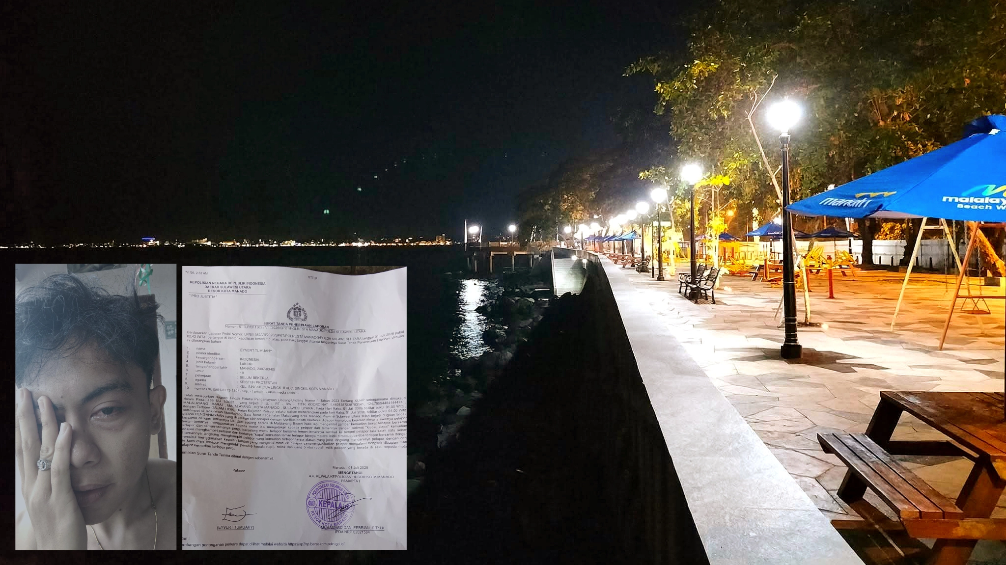 Malalayang Beach Walk (MBW) Manado. Insert gambar: Korban penganiayaan dan penjarahan dan surat Laporan Kepolisian. (Foto: Istimewa)