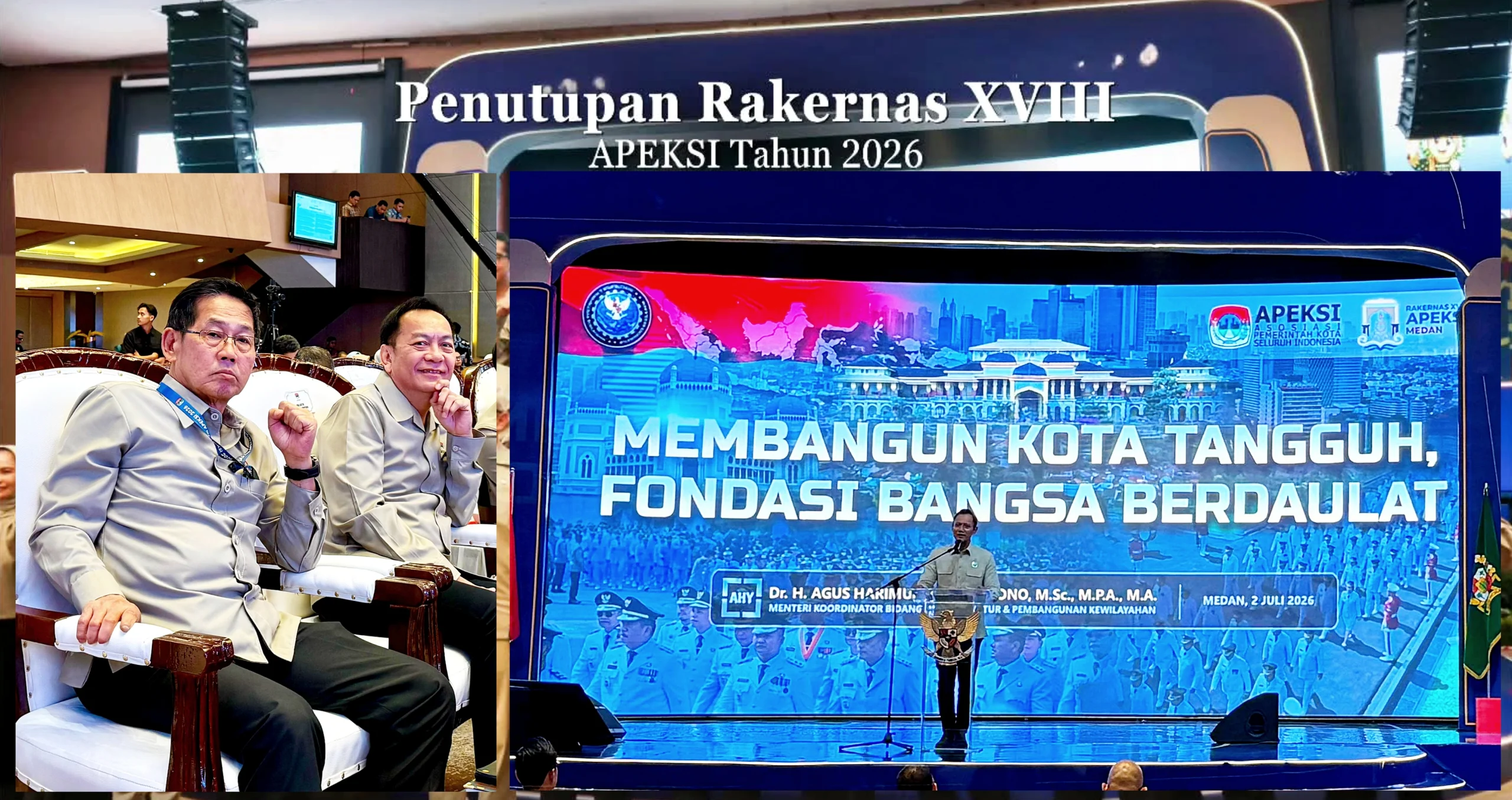 Walikota Bitung Hengky Honandar SE, saat mengikuti rapat pleno, dan menyimak arahan strategis terkait pembangunan infrastruktur kewilayahan yang disampaikan Menko AHY dalam penutupan Rakernas XVIII APEKSI 2026 di Medan, Kamis (2/7/2026). (Foto: Istimewa)
