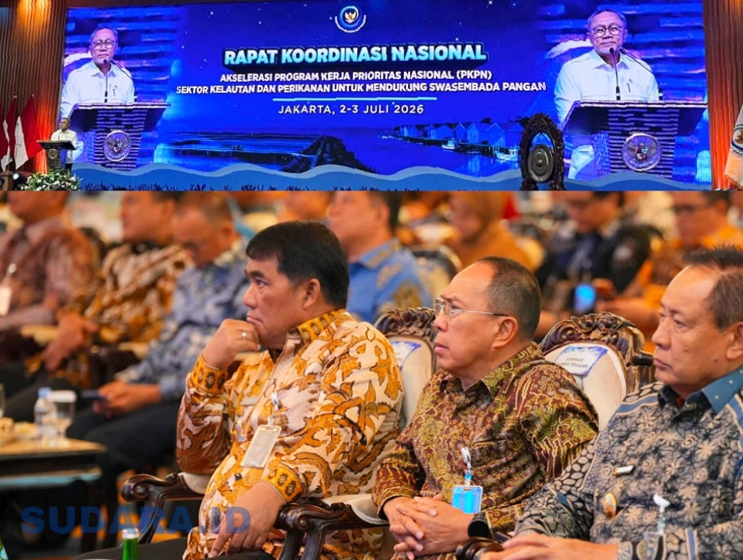 Gubernur Sulut Yulius Selvanus menyimak dengan seksama pemaparan program prioritas dalam Rakornas KKP 2026. Langkah proaktif ini diambil guna memastikan potensi kelautan Sulawesi Utara bergerak cepat menyokong kebutuhan protein pangan nasional dan membawa modernisasi bagi nelayan lokal. (Foto: Istimewa/Dok. SUDARA.ID)