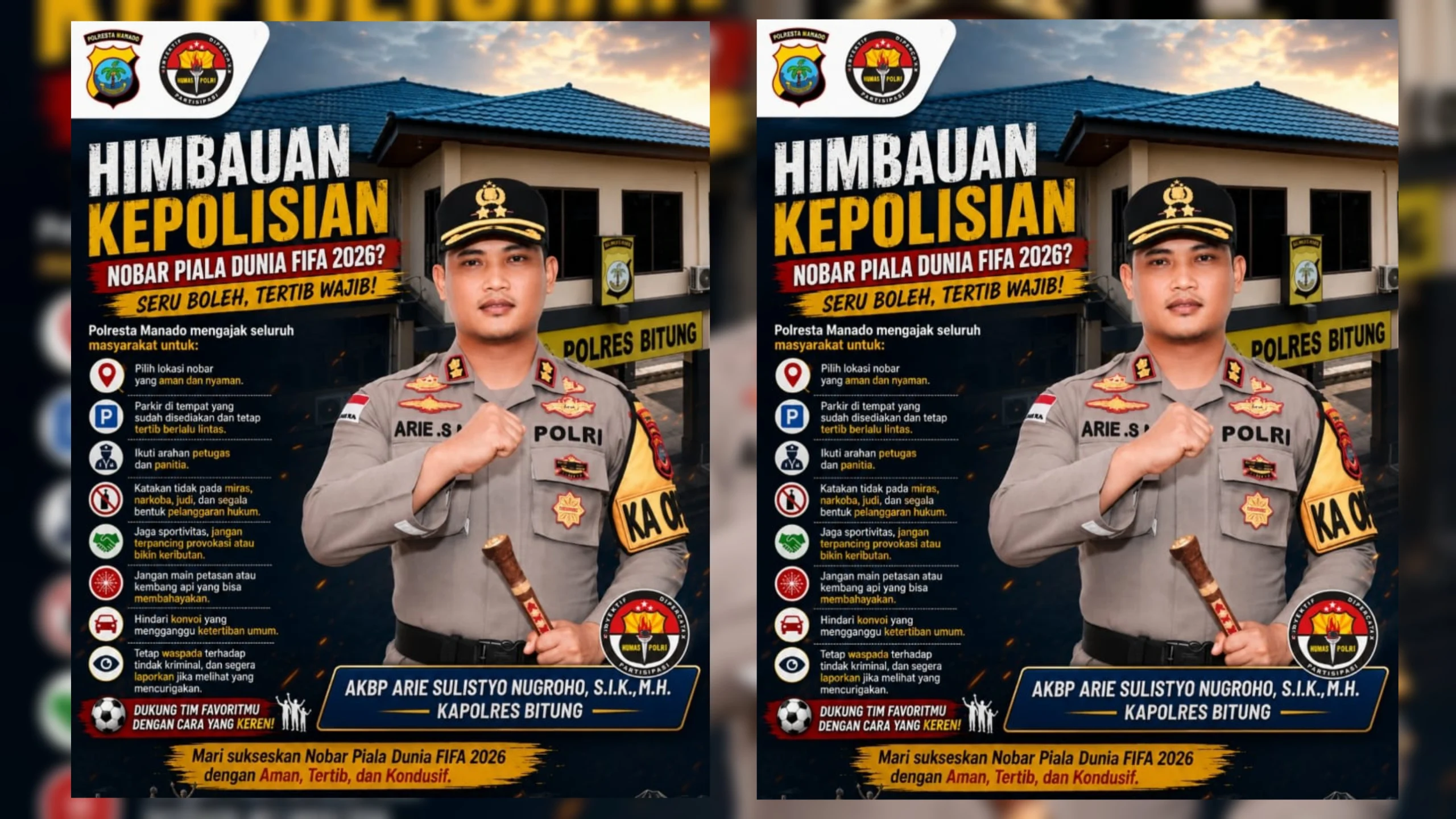 Kapolres Bitung AKBP Arie Sulistyo Nugroho SIK MH, mengimbau masyarakat untuk menjaga ketertiban selama euforia Piala Dunia 2026, sekaligus merilis panduan aman bagi warga yang menggelar nonton bersama. (Foto: Dok. Istimewa)