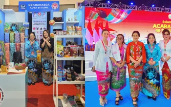 Ketua Dekranasda Kota Bitung, Ny. Ellen Honandar Sondakh, SE, Didampingi Sekretaris Dekranasda Ny. Jacinta Maribell Maringka Gumolung, saat menghadiri rangkaian HUT ke-46 Dekranas dan pameran produk UMKM di Makassar, Sulawesi Selatan. (Foto: Dok. Istimewa)