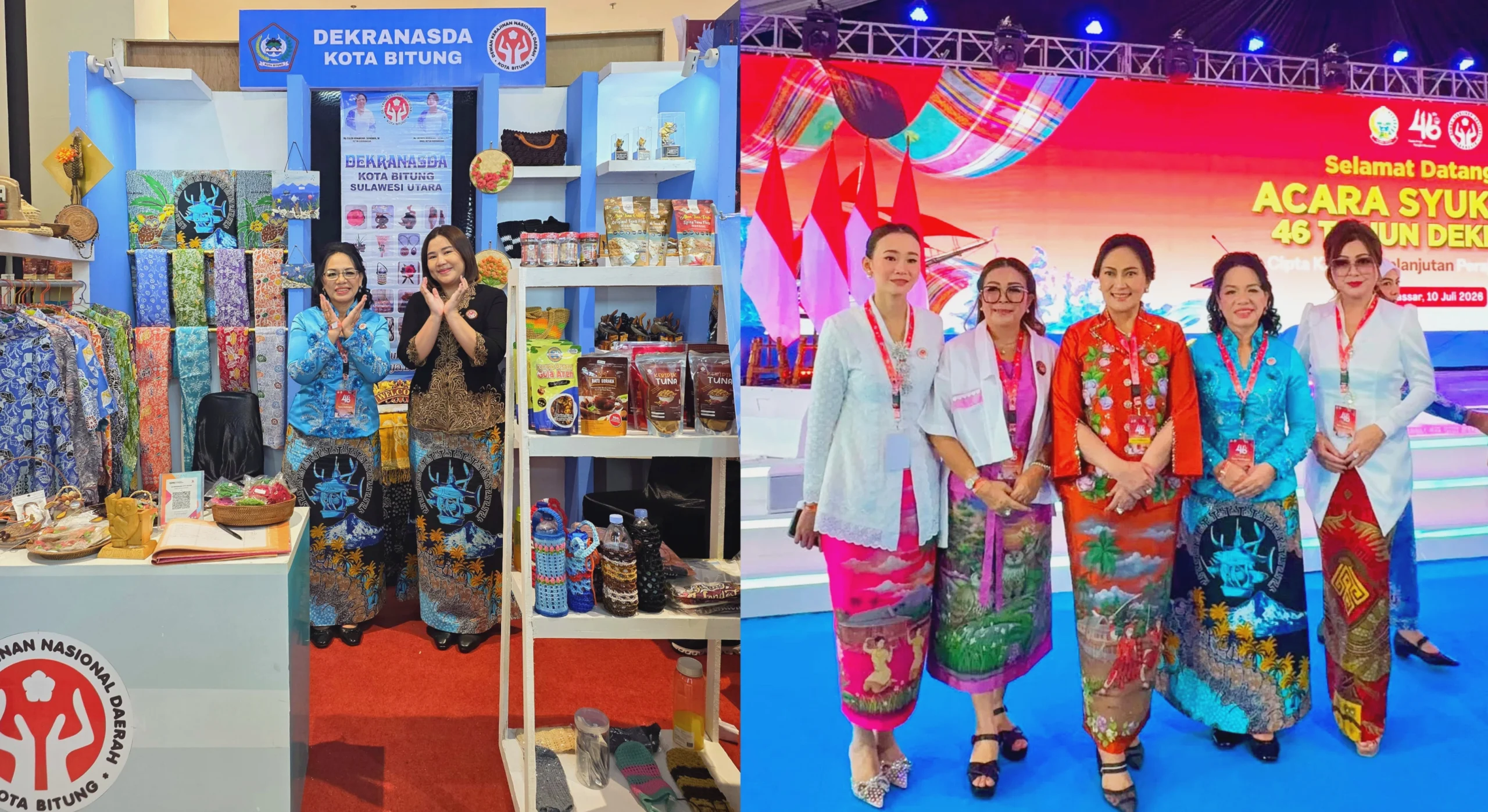 Ketua Dekranasda Kota Bitung, Ny. Ellen Honandar Sondakh, SE, Didampingi Sekretaris Dekranasda Ny. Jacinta Maribell Maringka Gumolung, saat menghadiri rangkaian HUT ke-46 Dekranas dan pameran produk UMKM di Makassar, Sulawesi Selatan. (Foto: Dok. Istimewa)