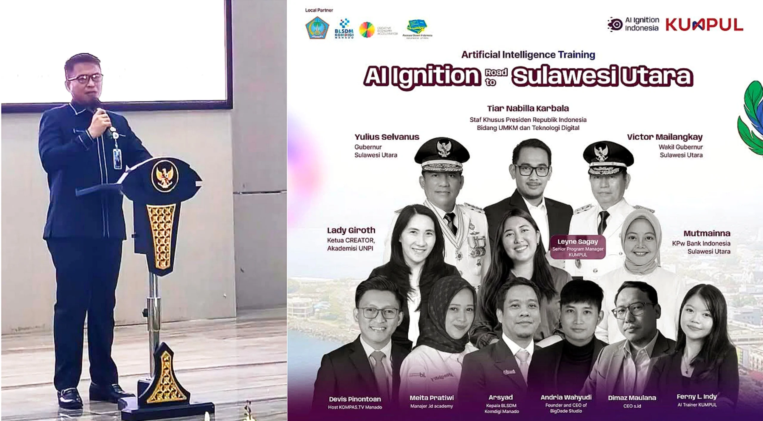 Momen Sekretaris Daerah Provinsi Sulawesi Utara, Tahlis Gallang, S.IP, M.M, saat memberikan sambutan dan membuka secara resmi AI Ignition Program 2026 di Aula Mapalus Kantor Gubernur Sulut, Selasa (14/7/2026). Program strategis ini berfokus pada penguatan kapasitas generasi digital Sulut dan UMKM menghadapi era kecerdasan buatan. (Foto: Istimewa)