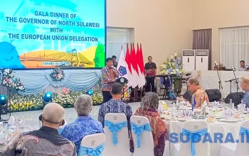Gubernur Sulut, Mayjen TNI (Purn) Yulius Selvanus SE saat secara terbuka mengutarakan kesiapan Sulawesi Utara sebagai Tuan Rumah Konferensi Keanekaragaman Hayati PBB (UN CBD COP) pada tahun 2030 mendatang, saat gelar Gala Dinner bersama Delegasi Uni Eropa di Wisma Negara Bumi Beringin Manado, Jumat (17/7/2026). (Foto: Ridho L Tobing)