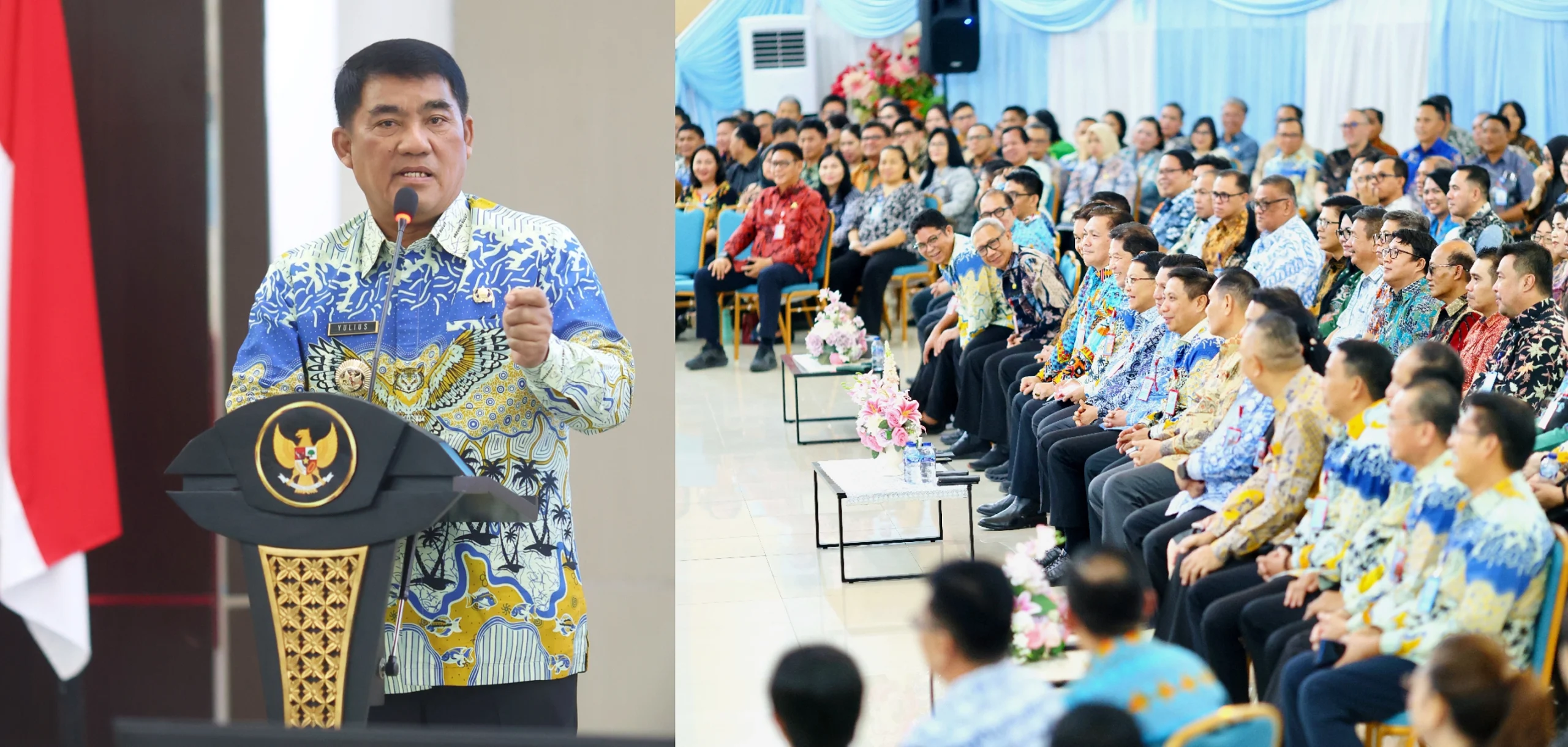 SATU KOMANDO: Gubernur Sulut Mayjen TNI (Purn) Yulius Selvanus saat memberikan pengarahan taktis kepada ratusan pejabat Eselon III di Aula Mapalus, Kantor Gubernur, Jumat (17/7/2026). (Foto: Istimewa)