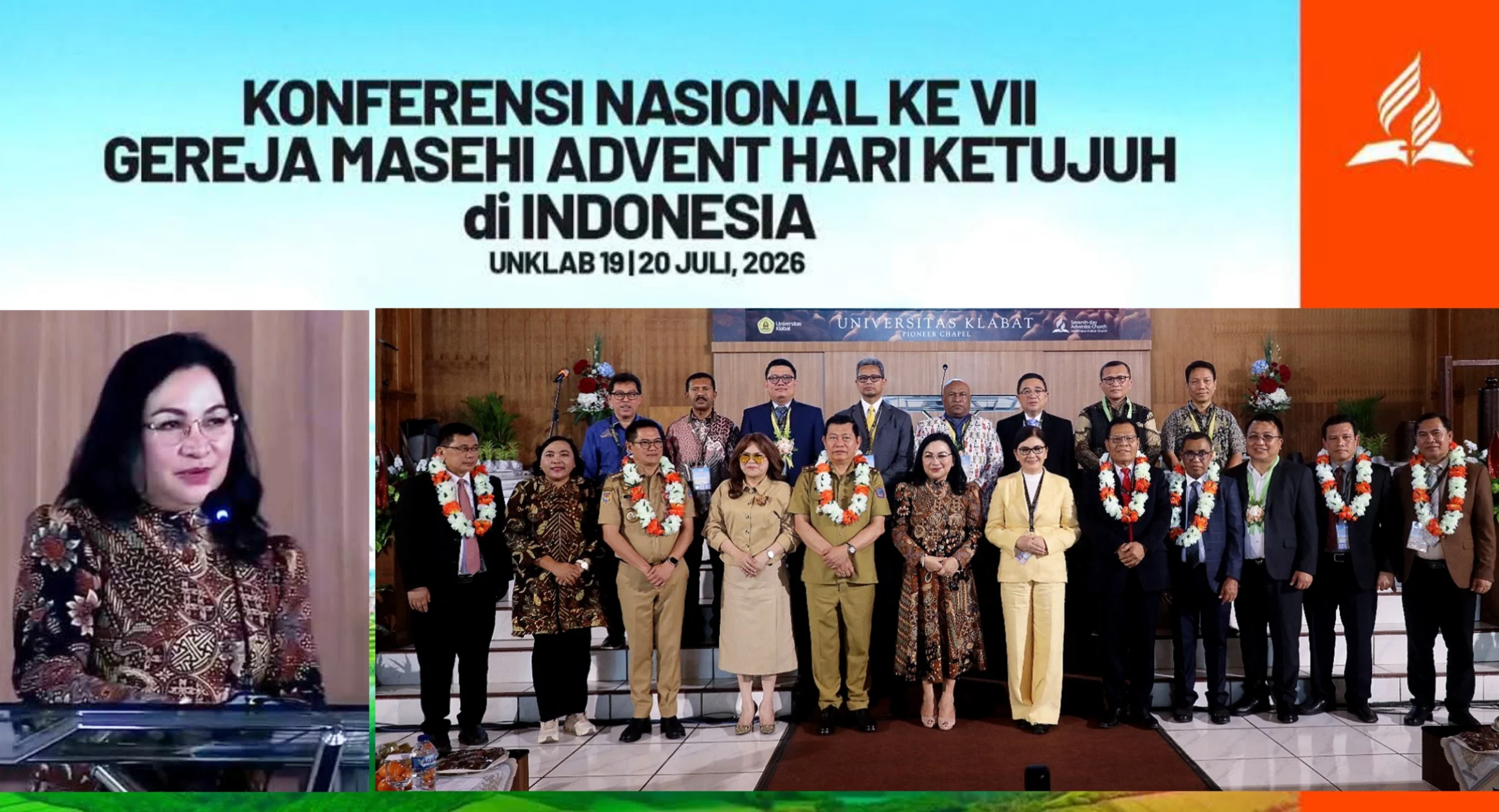 Dirjen Bimas Kristen Kemenag RI, Prof. Dr. Jeane Marie Tulung, S.Th., M.Pd., saat menyampaikan sambutan dan foto bersama Wagub Sulut Victor Mailangkay, Bupati Minut Joune Ganda, Ketua Komisi IX DPR RI/Ketua Panitia Felly Runtuwene, dan pimpinan GMAHK, saat pembukaan Konfernas VII GMAHK di Unklab, Minahasa Utara, Senin (20/7/2026). (Foto: Istimewa)