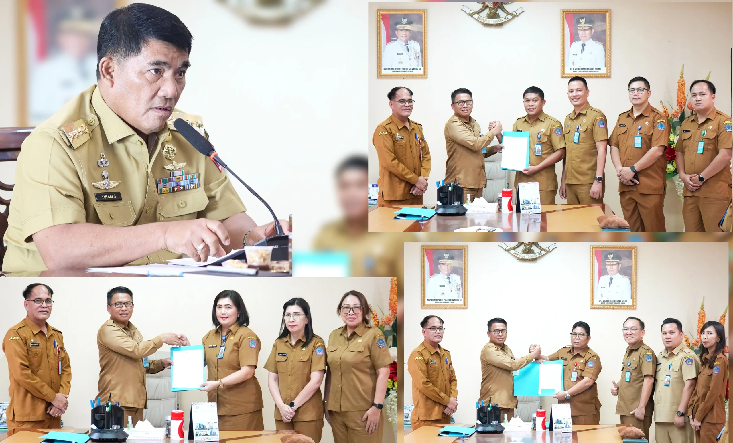 Penyerahan SK Pelaksana Tugas (Plt) di lingkungan Pemprov Sulut oleh Sekprov Tahlis Gallang atas arahan Gubernur Yulius Selvanus (searah jarum jam): Gubernur Sulut Mayjen TNI (Purn) Yulius Selvanus SE, Plt Biro Adpim, Plt Dinas ESDM, dan Plt Dinas Kesehatan. (Foto: Istimewa)