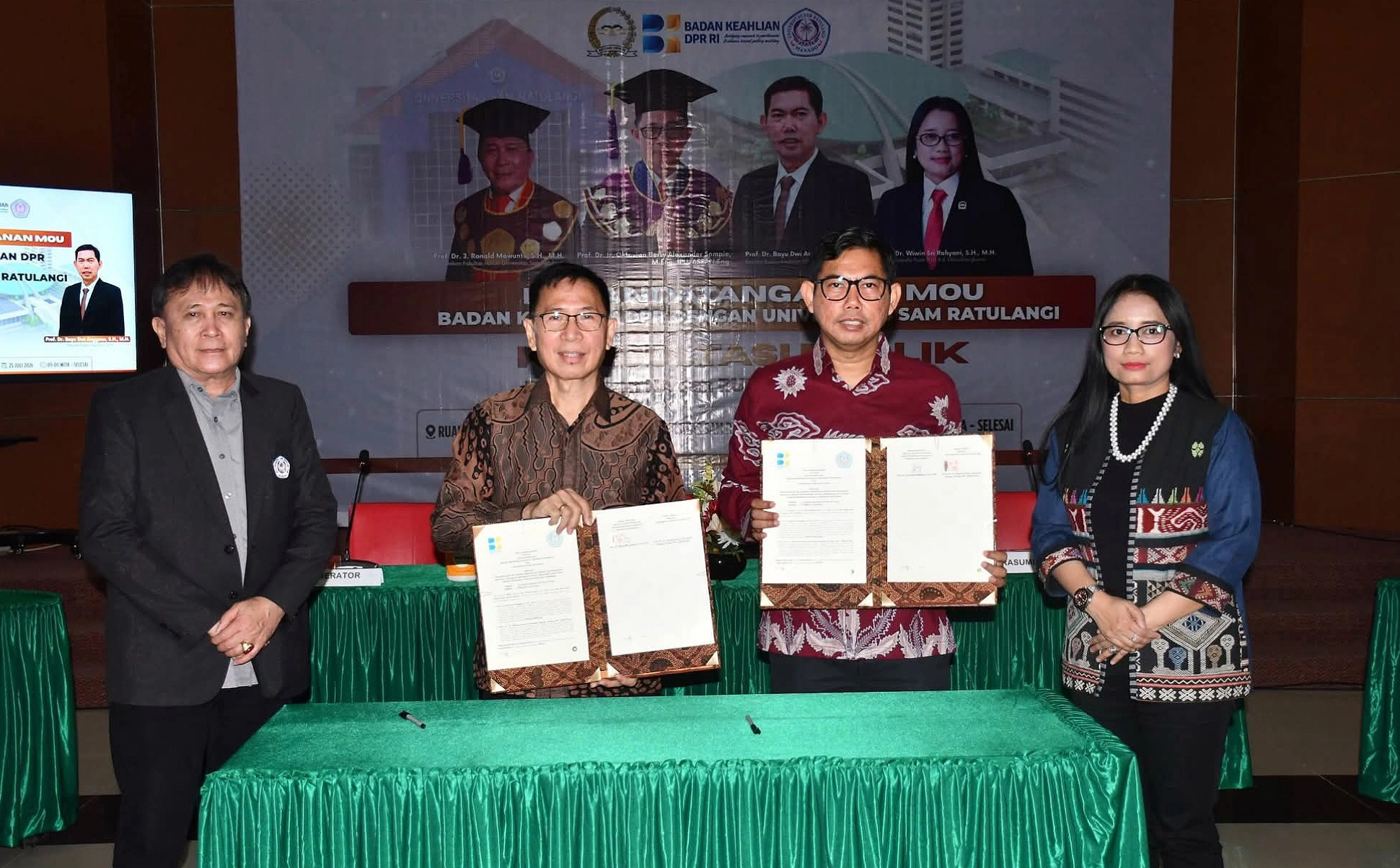 Penandatanganan MoU antara Badan Keahlian DPR RI dan Universitas Sam Ratulangi (UNSRAT) terkait penyusunan RUU Perlelangan di Kampus UNSRAT, Manado, Sabtu (25/7/2026). (Foto: Istimewa)