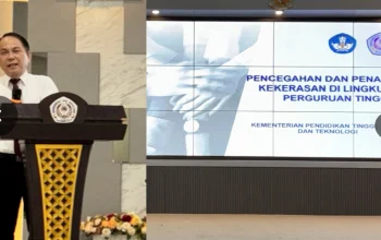 Dekan FEB UNSRAT, Dr. Victor P.K. Lengkong, memberikan kata sambutan dalam acara Sosialisasi Pencegahan dan Penanganan Kekerasan di Lingkungan Perguruan Tinggi di Kampus FEB UNSRAT, Manado. (Foto: Istimewa)