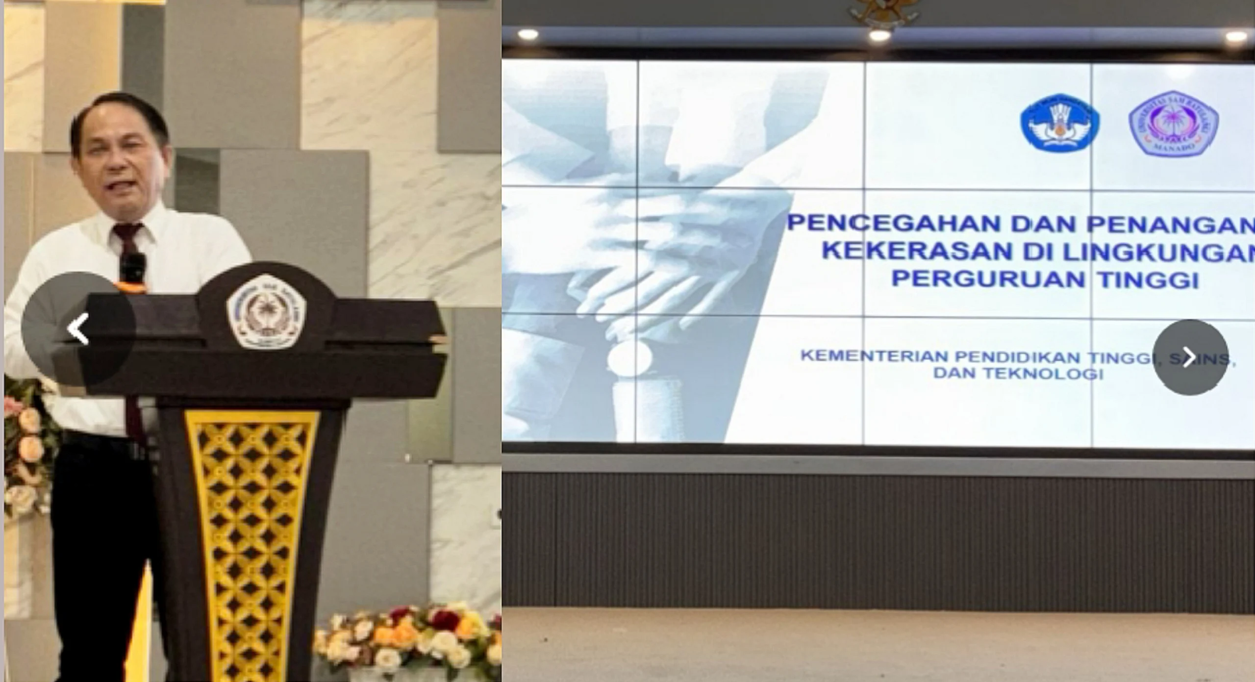 Dekan FEB UNSRAT, Dr. Victor P.K. Lengkong, memberikan kata sambutan dalam acara Sosialisasi Pencegahan dan Penanganan Kekerasan di Lingkungan Perguruan Tinggi di Kampus FEB UNSRAT, Manado. (Foto: Istimewa)