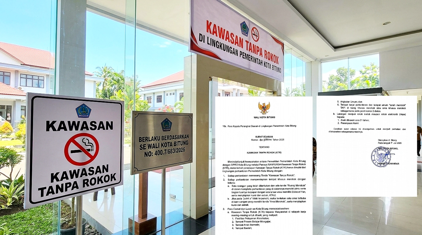 Pemkot Bitung resmi menerbitkan SE Walikota Nomor 400.7/683/Tahun 2026 guna mempertegas penerapan Kawasan Tanpa Rokok (KTR) di perkantoran dan fasilitas publik serta mengatur batasan penjualan rokok. (Ilustrasi gambar dan insert SE Walikota). (Foto: Istimewa)