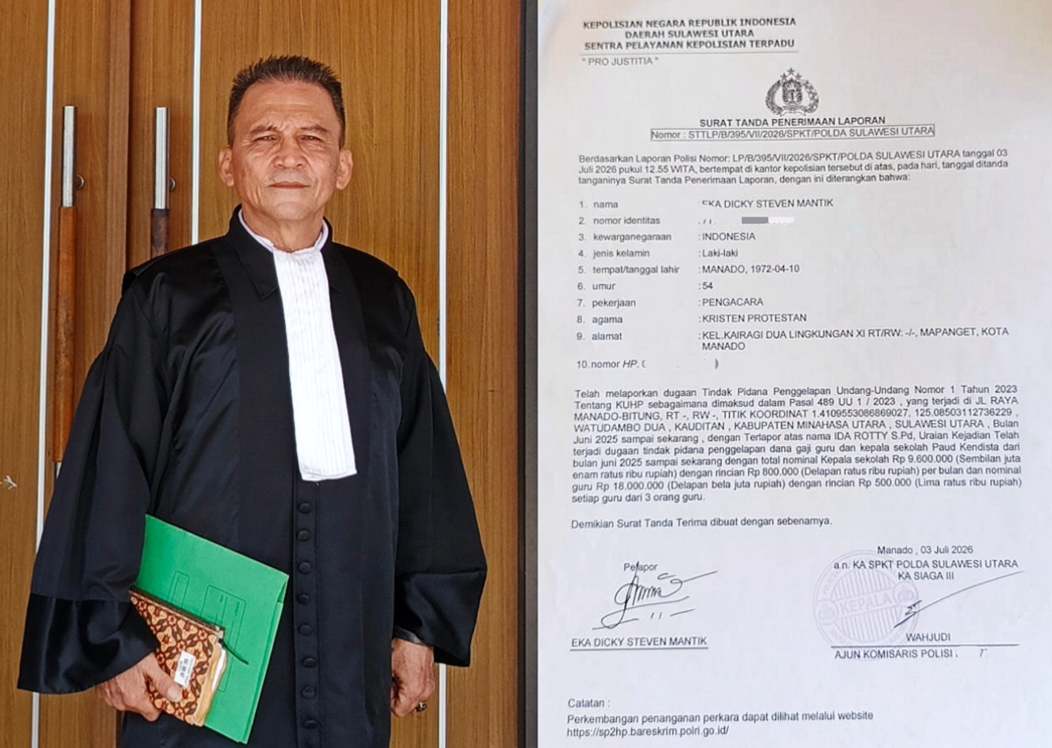 Kuasa hukum pelapor, advokat Eka Dicky Mantik, S.PAK, L.LB, L.LM dan surat Laporan Polisi (LP) terkait dugaan skandal Dana Desa Watudambo II. (Foto: Istimewa)