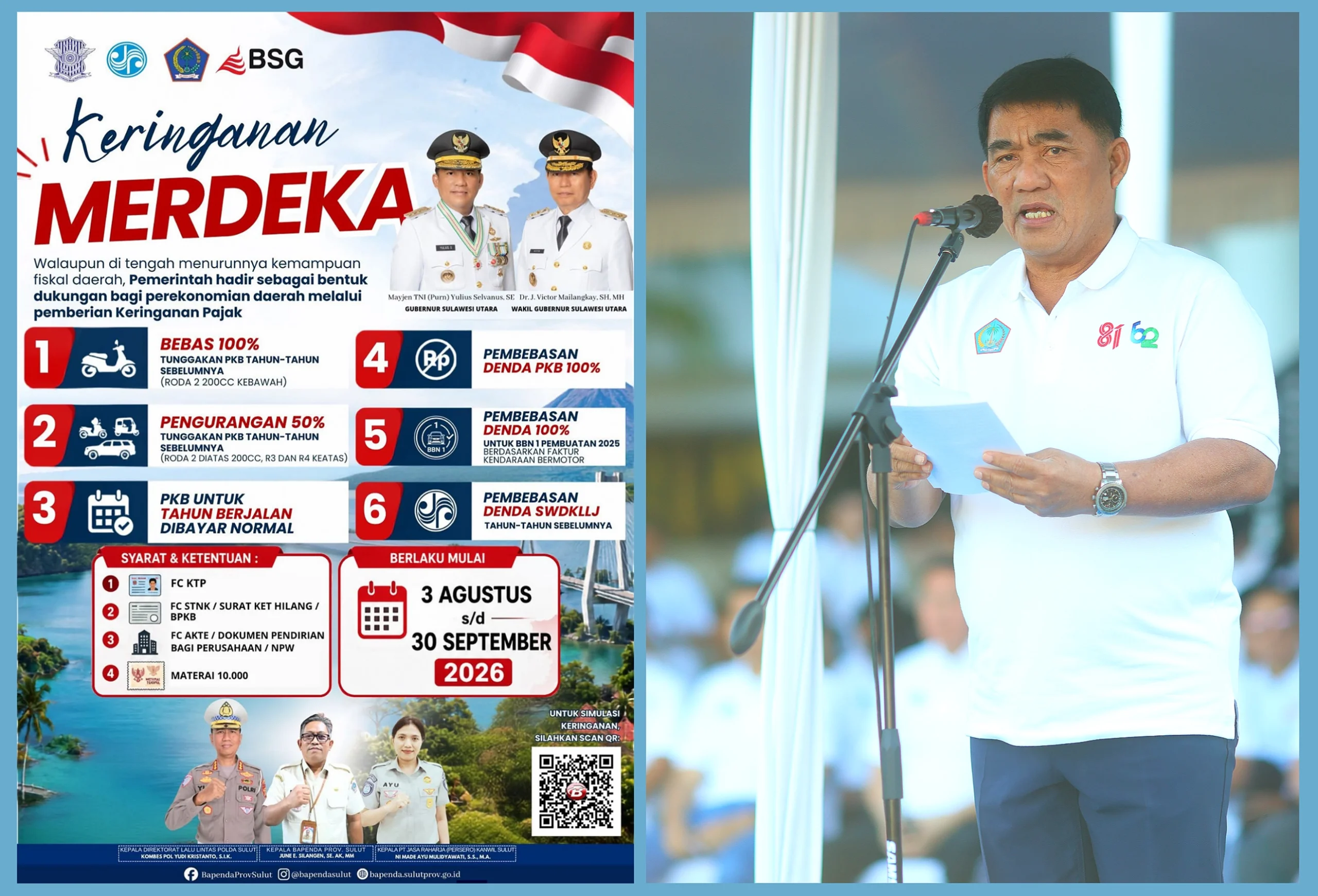 Momen Apel Pencanangan HUT ke-81 RI dan HUT ke-62 Sulut di Lapangan Kantor Gubernur Sulut, Manado, Jumat (7/8/2026). Dalam kesempatan ini, Gubernur Yulius Selvanus meluncurkan program "Keringanan Merdeka". (Foto: Istimewa)
