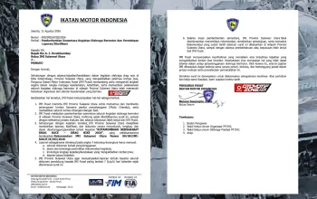 Surat instruksi Pengurus Pusat (PP) IMI bernomor 499/IMI/A/VIII/2026 yang menegaskan penghentian sementara seluruh kegiatan olahraga bermotor di Sulawesi Utara pasca tragedi maut di Kotamobagu. (Foto: Istimewa)
