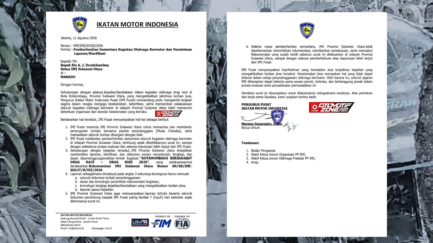 Surat instruksi Pengurus Pusat (PP) IMI bernomor 499/IMI/A/VIII/2026 yang menegaskan penghentian sementara seluruh kegiatan olahraga bermotor di Sulawesi Utara pasca tragedi maut di Kotamobagu. (Foto: Istimewa)