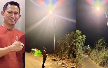 Terang Benderang: Suasana salah satu titik Penerangan Jalan Umum (PJU) yang telah terpasang di Kelurahan Manembo-nembo Atas (kiri) dan Kelurahan Sagerat Weru Satu (kanan), Kecamatan Matuari, Kota Bitung. Pemasangan PJU ini dilakukan untuk meningkatkan kenyamanan dan keamanan aktivitas warga di malam hari. (Gambar kiri) tokoh masyarakat Yoseph Youce Sumuruk. (Foto: Ridho L Tobing)