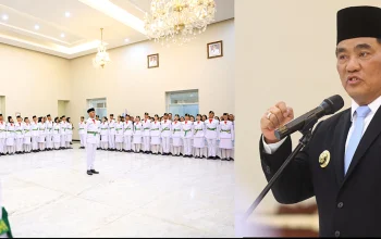Momen pengukuhan Paskibraka Provinsi Sulut Tahun 2026 di Wisma Negara Bumi Beringin, Manado. Gubernur Yulius Selvanus mengingatkan para anggota untuk menjaga kesiapan fisik, mental, dan kekompakan tim menjelang HUT ke-81 RI. (Foto: Istimewa)
