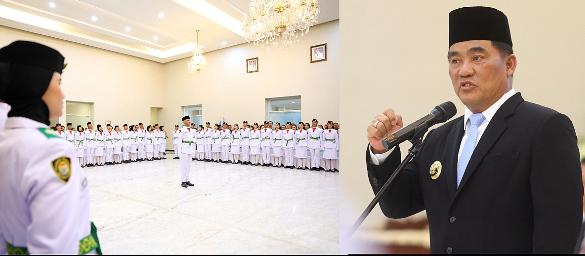 Momen pengukuhan Paskibraka Provinsi Sulut Tahun 2026 di Wisma Negara Bumi Beringin, Manado. Gubernur Yulius Selvanus mengingatkan para anggota untuk menjaga kesiapan fisik, mental, dan kekompakan tim menjelang HUT ke-81 RI. (Foto: Istimewa)