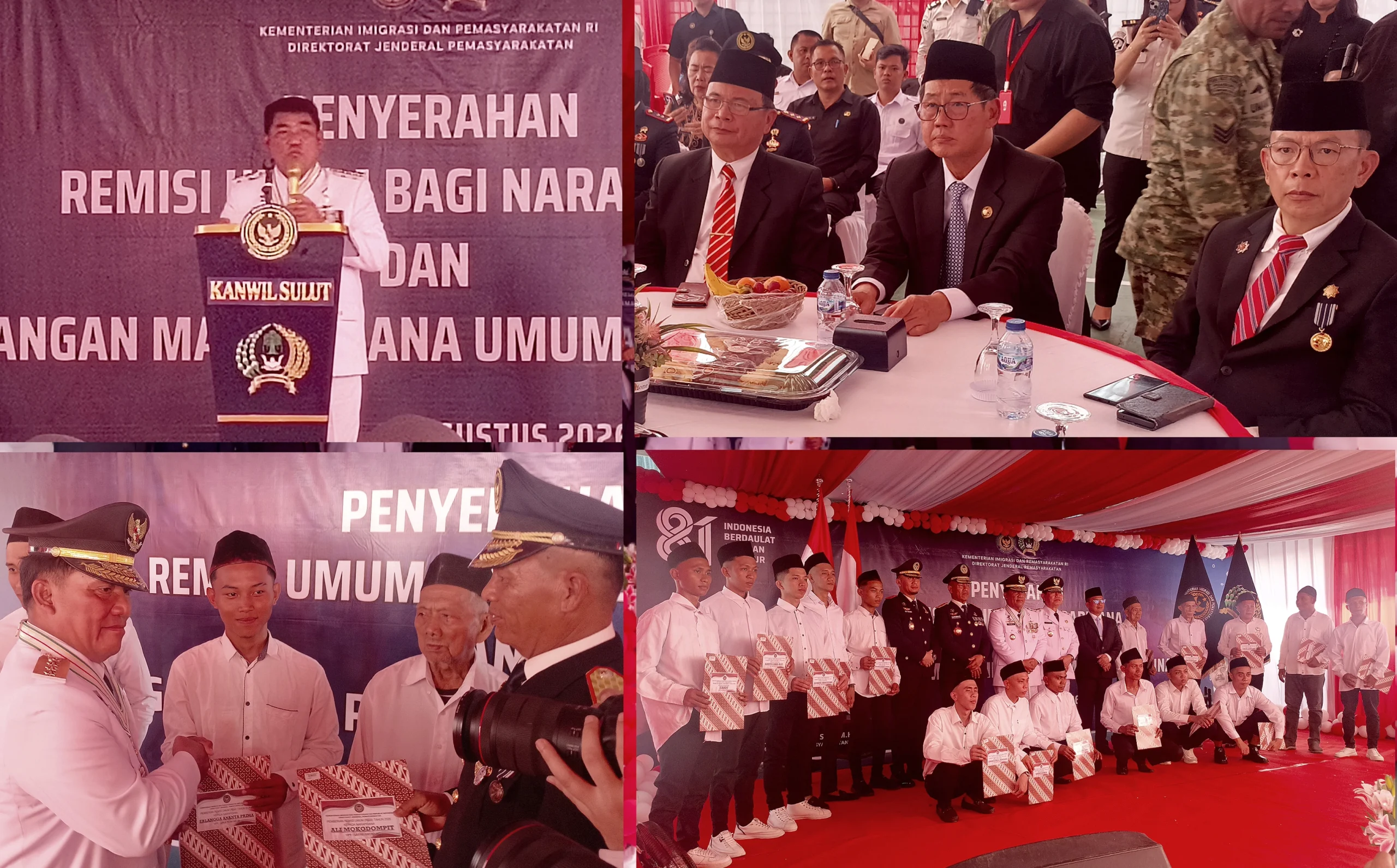Walikota Bitung, Hengky Honandar, S.E. (kanan), menyaksikan Gubernur Sulawesi Utara, Mayjen TNI (Purn) Yulius Selvanus, S.E. (tengah), menyerahkan Surat Keputusan Remisi Umum kepada perwakilan warga binaan di Rutan Manado. Dalam arahannya, Gubernur mengajak mantan narapidana untuk menata masa depan dan ikut berkontribusi membangun Sulawesi Utara, 17 Agustus 2026. (Foto: Ridho L Tobing)