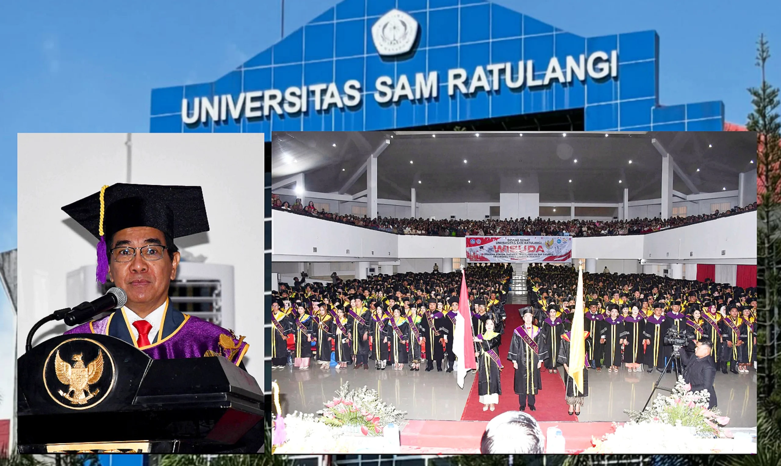 Plt Rektor Unsrat Prof. Jamaluddin Jompa (kiri) bersama ribuan lulusan dalam Upacara Wisuda Gelombang I T.A. 2026/2027, Kamis (20/8/2026). (Foto: Istimewa)