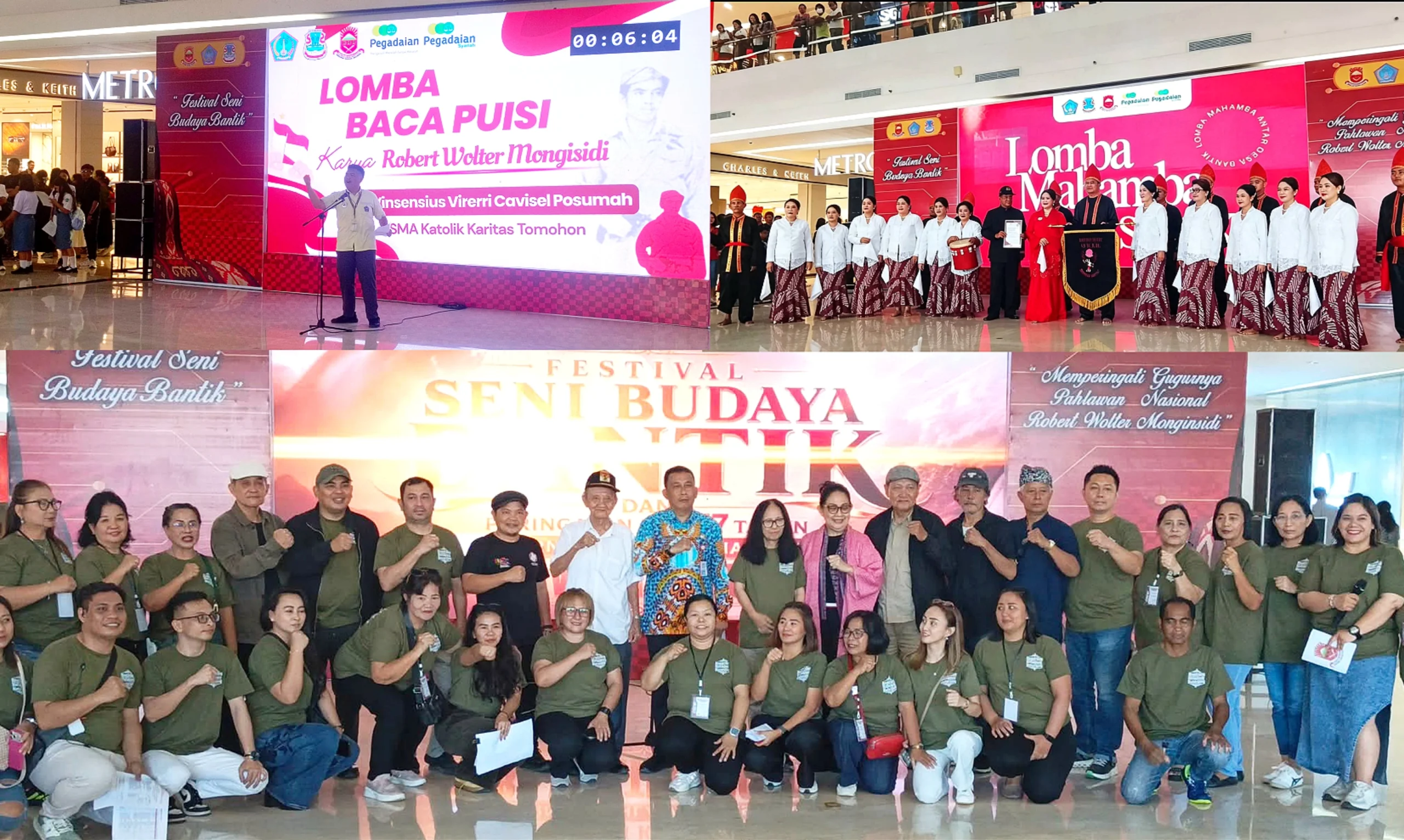 Aksi peserta Lomba Baca Puisi (kiri) dan Tari Mahamba Bantik (kanan) saat memukau pengunjung Mantos 3 Manado, Jumat (21/8/2026). (Foto bawah) Panitia pelaksana bersama jajaran tamu undangan berfoto usai pembukaan acara. (Foto: Istimewa)
