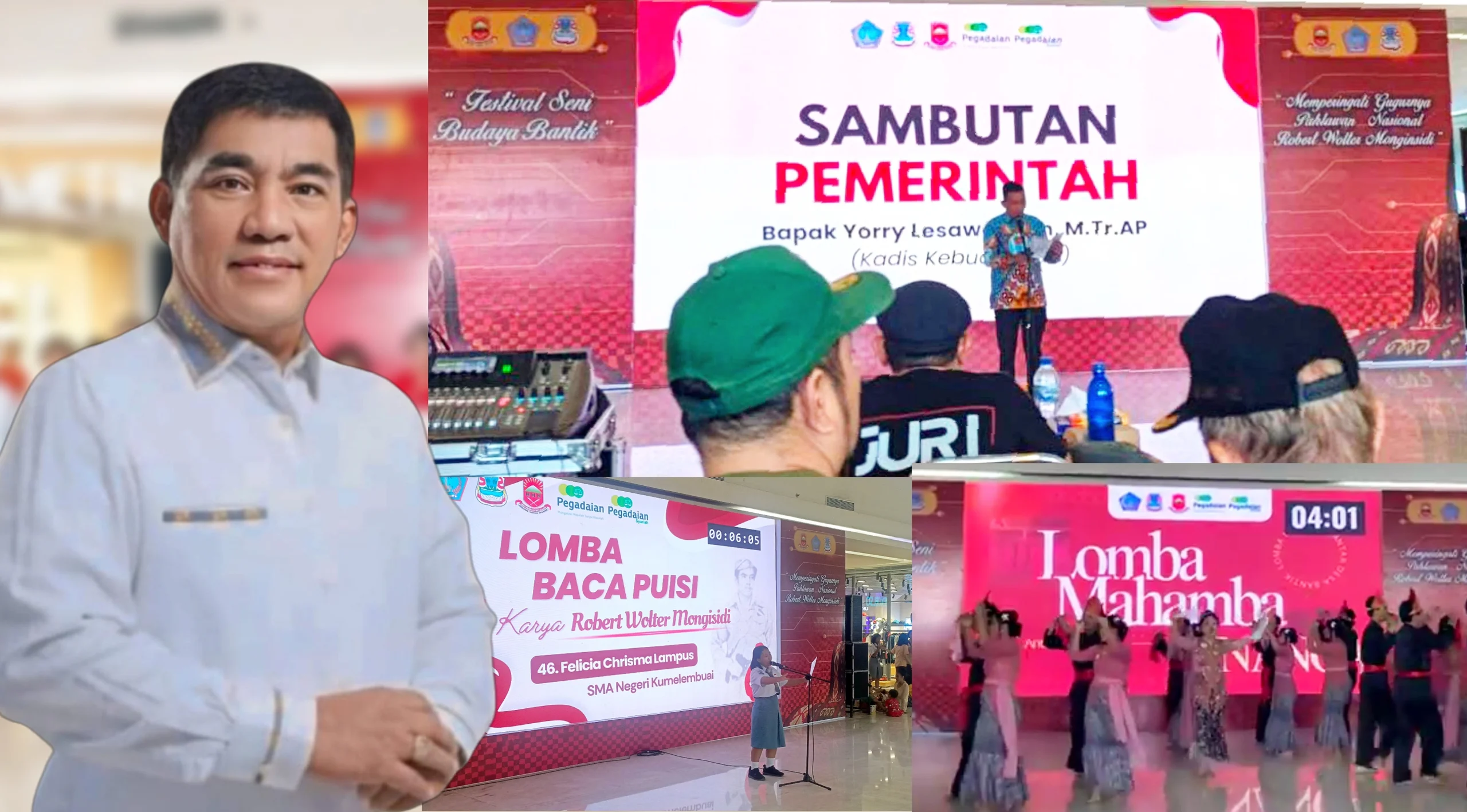Kepala Dinas Kebudayaan Daerah Prov. Sulut Yorry Rommy Lesawengen membacakan sambutan Gubernur Sulut, Mayjen TNI (Purn) Yulius Selvanus SE, saat pembukaan Lomba Baca Puisi Karya Robert Wolter Mongisidi dan Tari Mahamba Bantik di Atrium Mantos 3, Manado, Jumat (21/8/2026). Kegiatan dalam rangkaian Festival Seni Budaya Bantik 2026 ini digelar untuk meresapi semangat "Setia Hingga Akhir" sang pahlawan nasional sekaligus memperingati HUT Ke-81 RI. (Foto: Istimewa/Dok.SUDARA.ID)