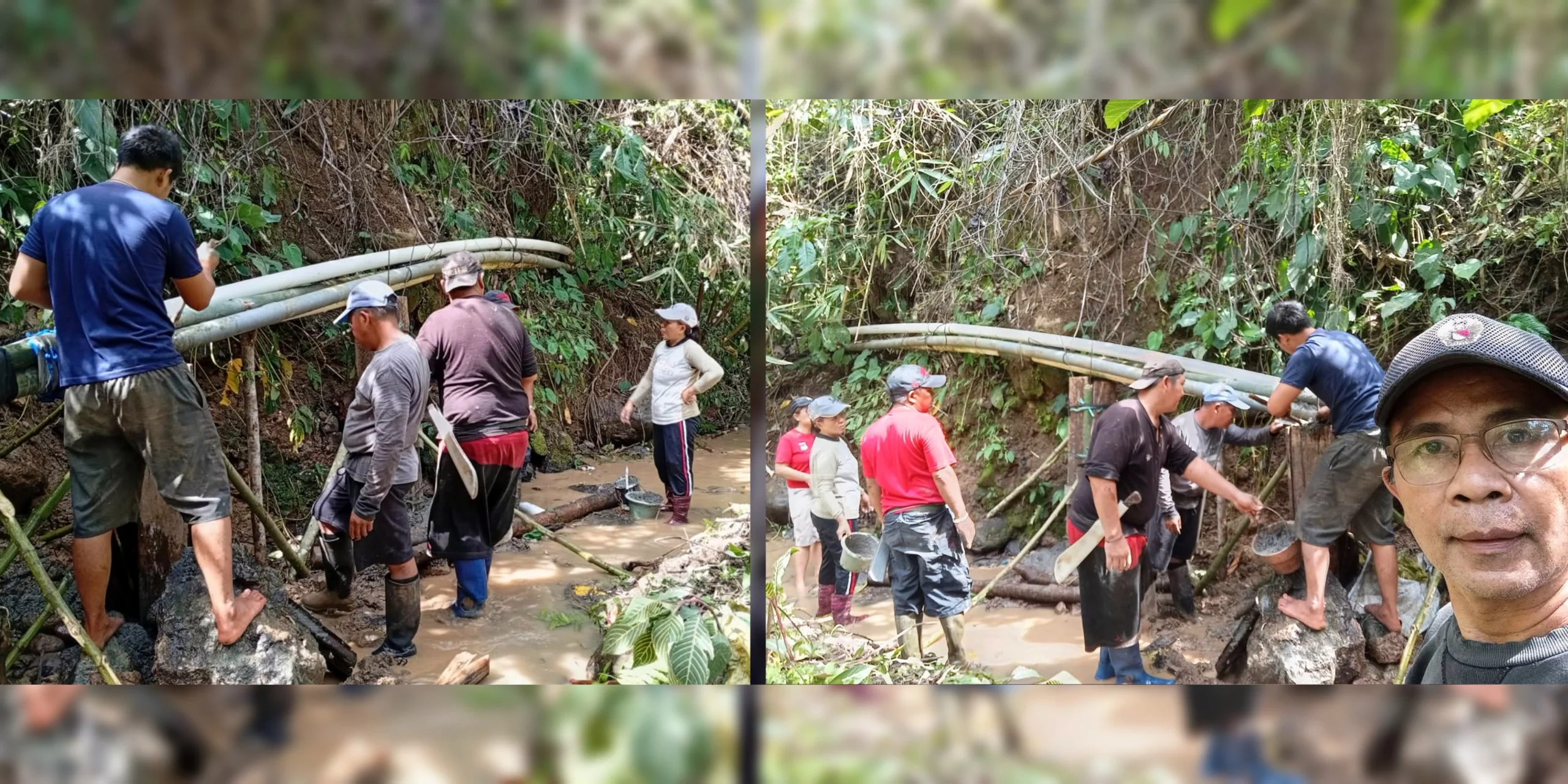 Hukum Tua Desa Kumelembuai Jerry Langkai memimpin warga dan perangkat desa saat kerja bakti membenahi saluran air dan jaringan pipa di Kumelembuai, Minahasa Selatan, Rabu (26/8/2026). (Foto: Istimewa)