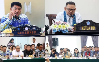 Gubernur Sulut Yulius Selvanus (kiri) dan Ketua Tim Pansus DPR RI Jaelani (kanan) berdiskusi dalam Raker RUU Daerah Kepulauan di Manado, Jumat (28/8/2026). Gubernur Yulius mengusulkan skema Dana Khusus Kepulauan guna menekan tingginya islandness cost di wilayah kepulauan. (Foto: Istimewa)