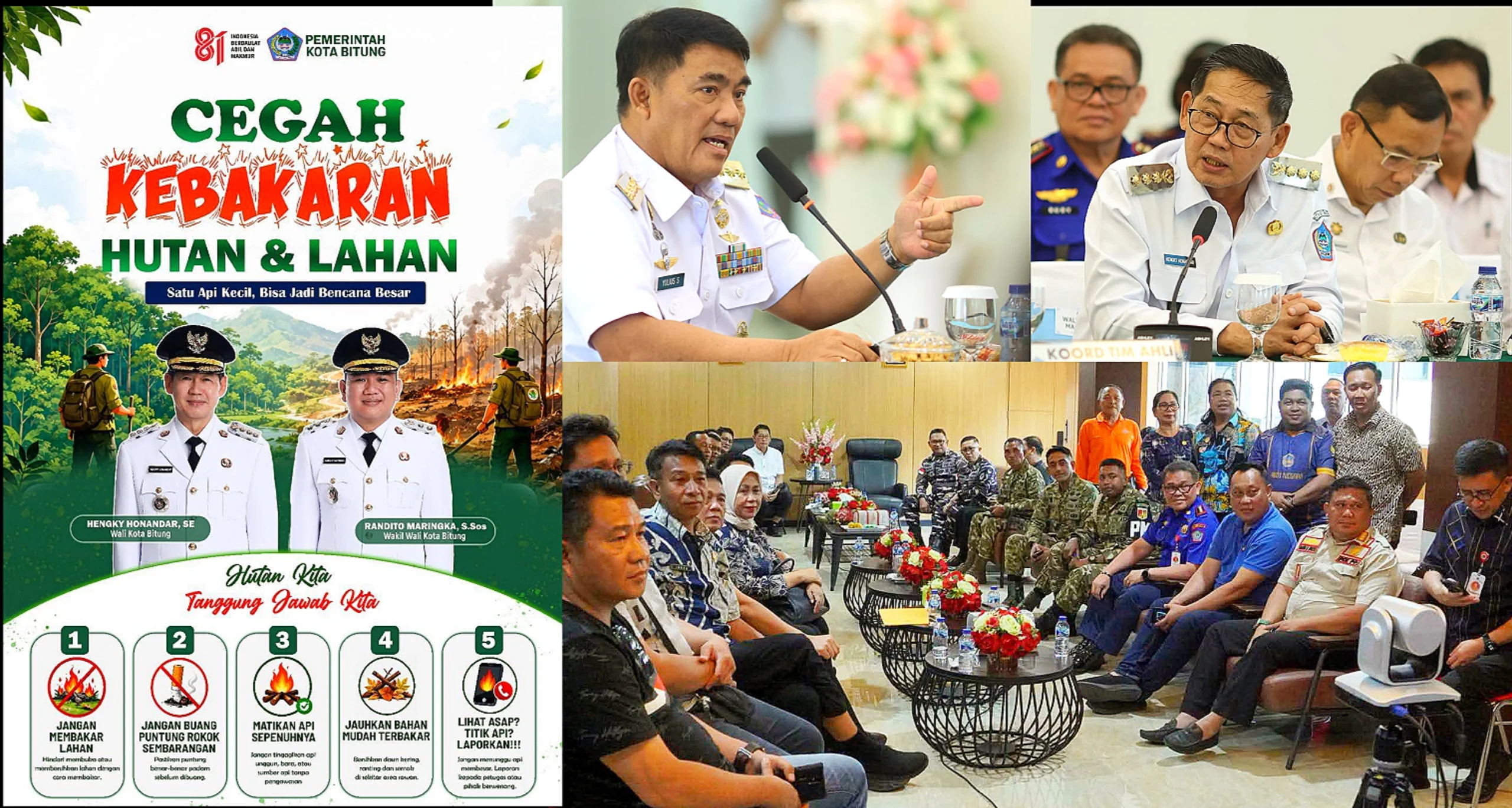 Pemkot Bitung di pimpin Walikota Hengky Honandar SE, bersama unsur Forkopimda menggelar rapat koordinasi untuk menetapkan titik posko pemantauan dan strategi pencegahan Karhutla di Kota Bitung, Jumat (28/8/2026). (Foto: Istimewa)