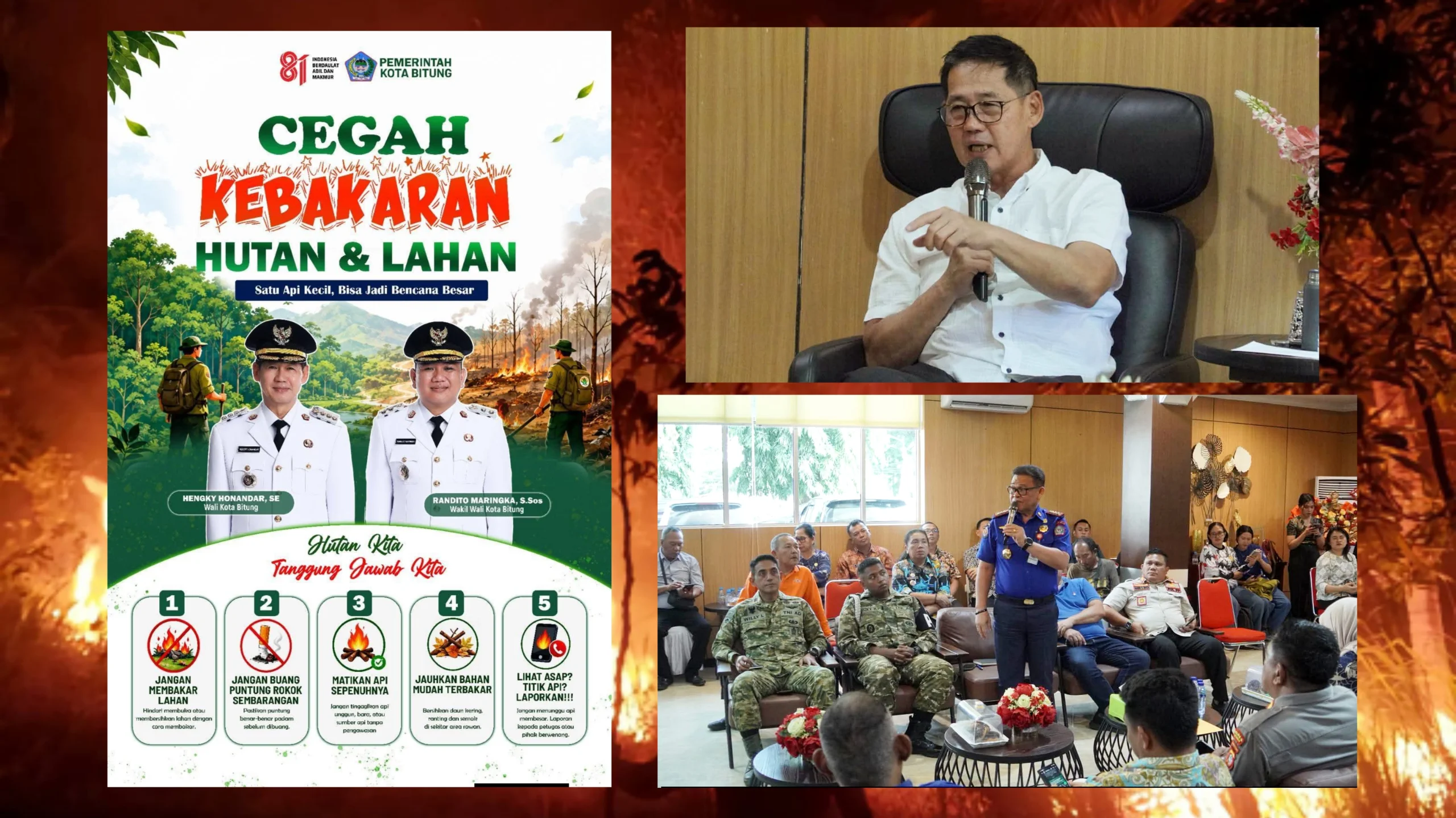 Walikota Bitung Hengky Honandar memimpin Rapat Forkopimda terkait pembentukan posko dan titik pantau pencegahan Karhutla di Merdeka Lounge, Bitung, Jumat (28/8/2026). (Foto: Istimewa)