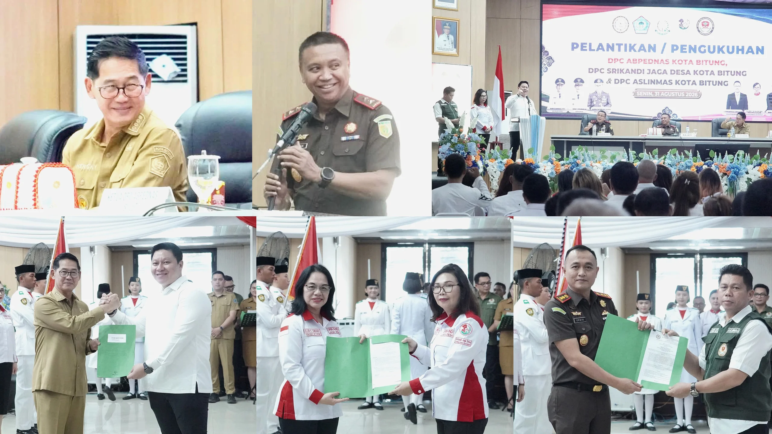 Walikota Bitung Hengky Honandar, S.E., dan Kajati Sulut Jacob Hendrik Pattipeilohy, S.H., M.H., menghadiri Pengukuhan Serentak Pengurus DPC ABPEDNAS, Srikandi Jaga Desa, dan ASLINMAS Kota Bitung di Ruang S. H. Sarundajang, Senin (31/8/2026). (Foto: Istimewa)