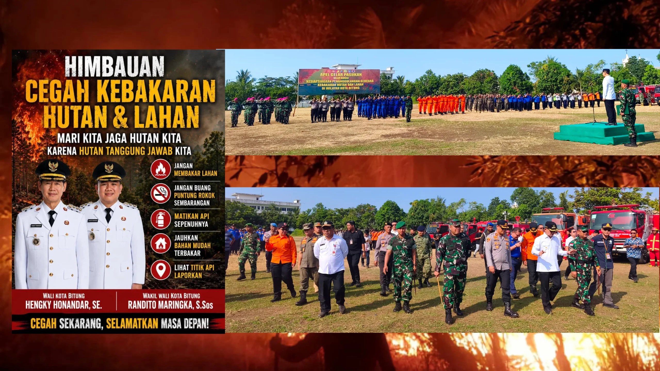 Apel siaga pasukan gabungan penanganan Karhutla Kota Bitung di Lapangan Sari Cakalang, Bitung, Kamis (3/9/2026). Langkah ini dilakukan untuk memperkuat sinergi lintas sektor dan deteksi dini titik api di wilayah rawan. (Foto: Istimewa)